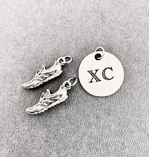 Miniatura 2 de Running SHOE XC Round Pewter Charm Set - Pair of Running Shoe Charms - TWO (2) Pewter Running Shoe Charms and 1 Round Pewter XC Pendant in Organza