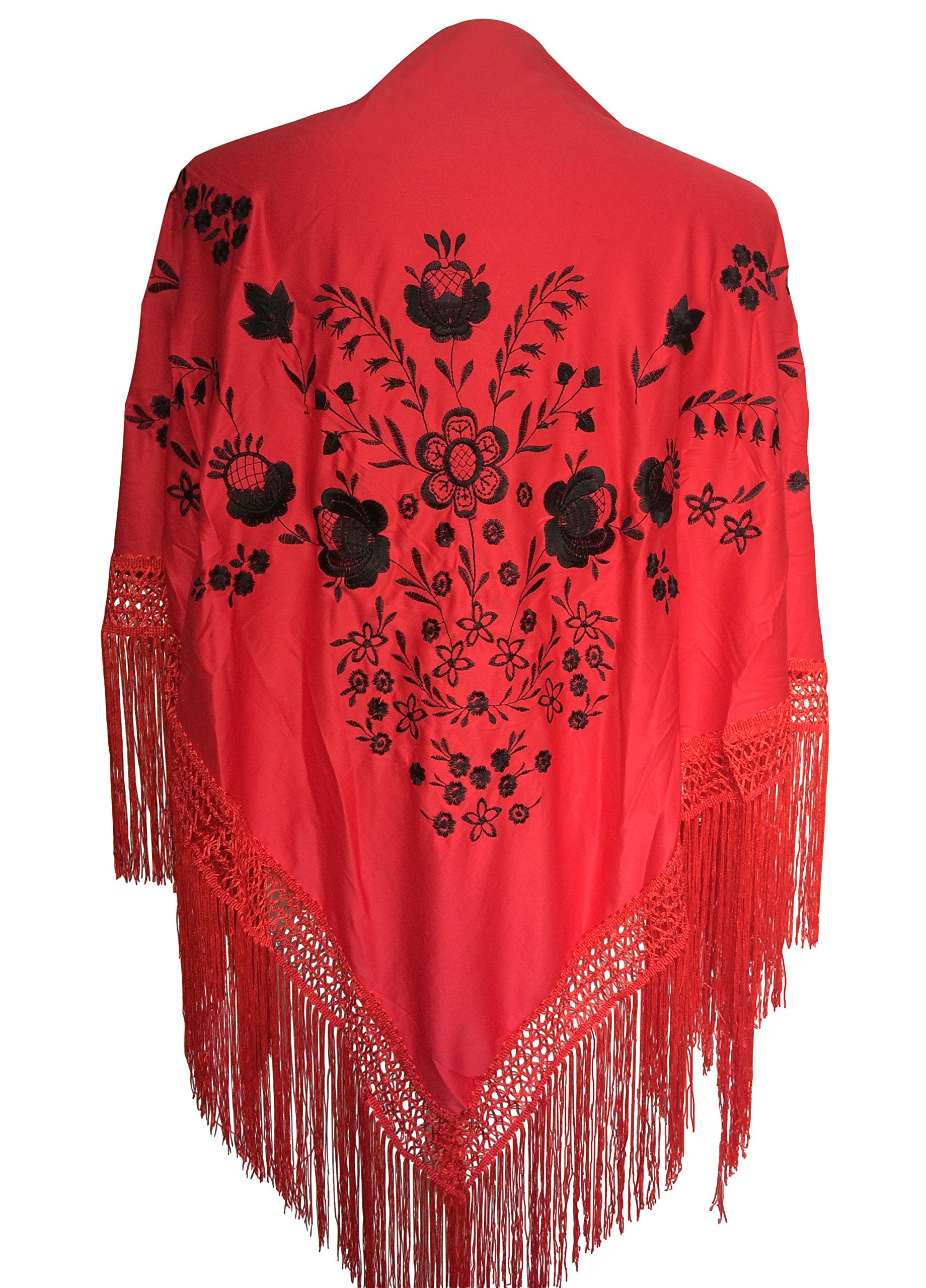 Foulard Flamenco La Señorita - Sciarpa Danza Spagnola Nero Rosso Oro Con Frange, 160x80 Cm, 100% Poliestere - Foto 4