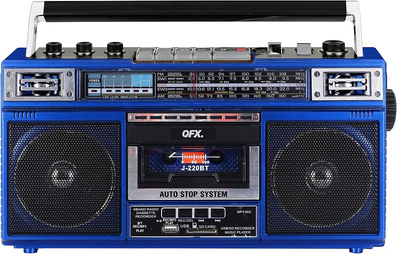 QFX Retro Bluetooth Boombox Cassette Tape Player Recorder, J-220BT, Blue
