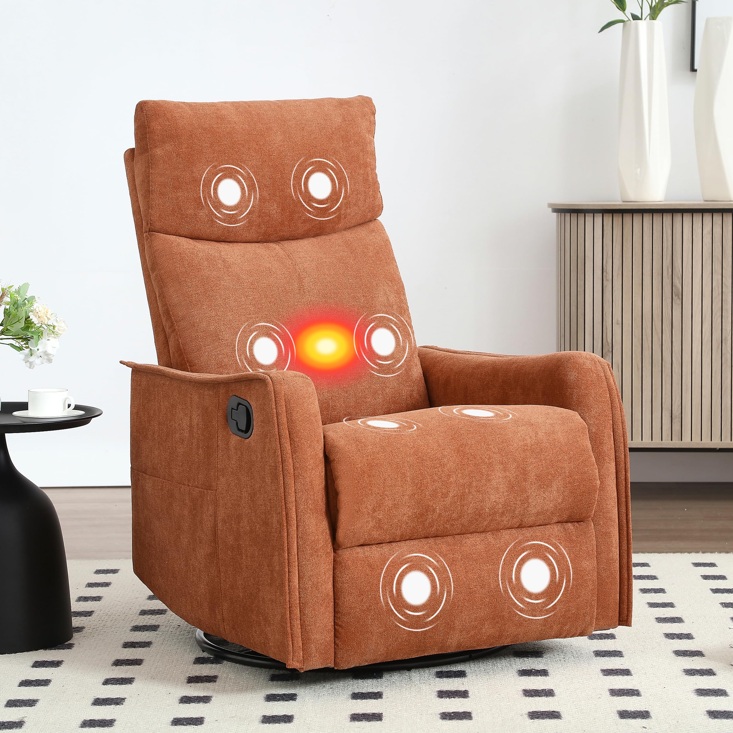 Massage Rocker Swivel Recliner Chair for Adults, Manual Recliner Glider with Lumbar Heating, Technical Flannel Fabric Nursery Glider Rocking Chair