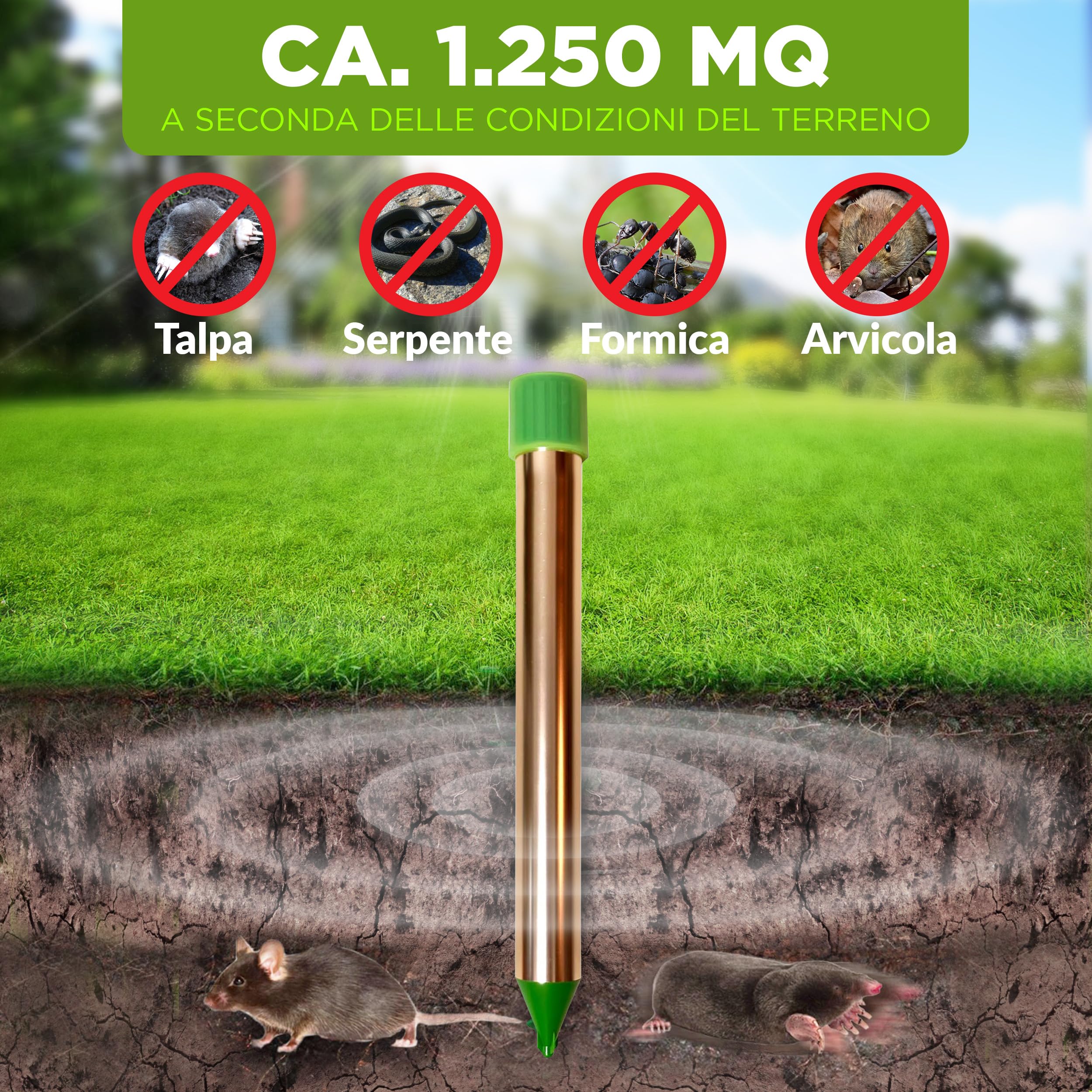 ISOTRONIC Repellente per talpe, arvicole e serpenti – Repellente per talpe a batteria con picchetto per il giardino – Area di copertura effettiva 1.250 m² (2 unità)