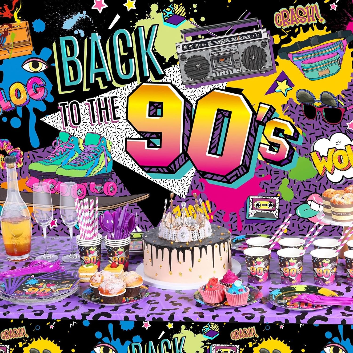 Cunhill 90s Party Decorations 90s Theme Backdrop Latex Balloons Back to the 90's Tablecloth Party Tableware Set 90's Paper Plates Napkins Knife Forks Flatware for Birthday Hip Hop Graffiti Supplies