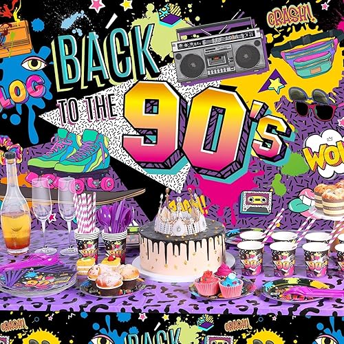 Miniatura 5 de Cunhill Decoraciones de fiesta de los años 90, temática de los años 90, globos de látex de regreso a los 90, mantel de fiesta de los 90, platos de