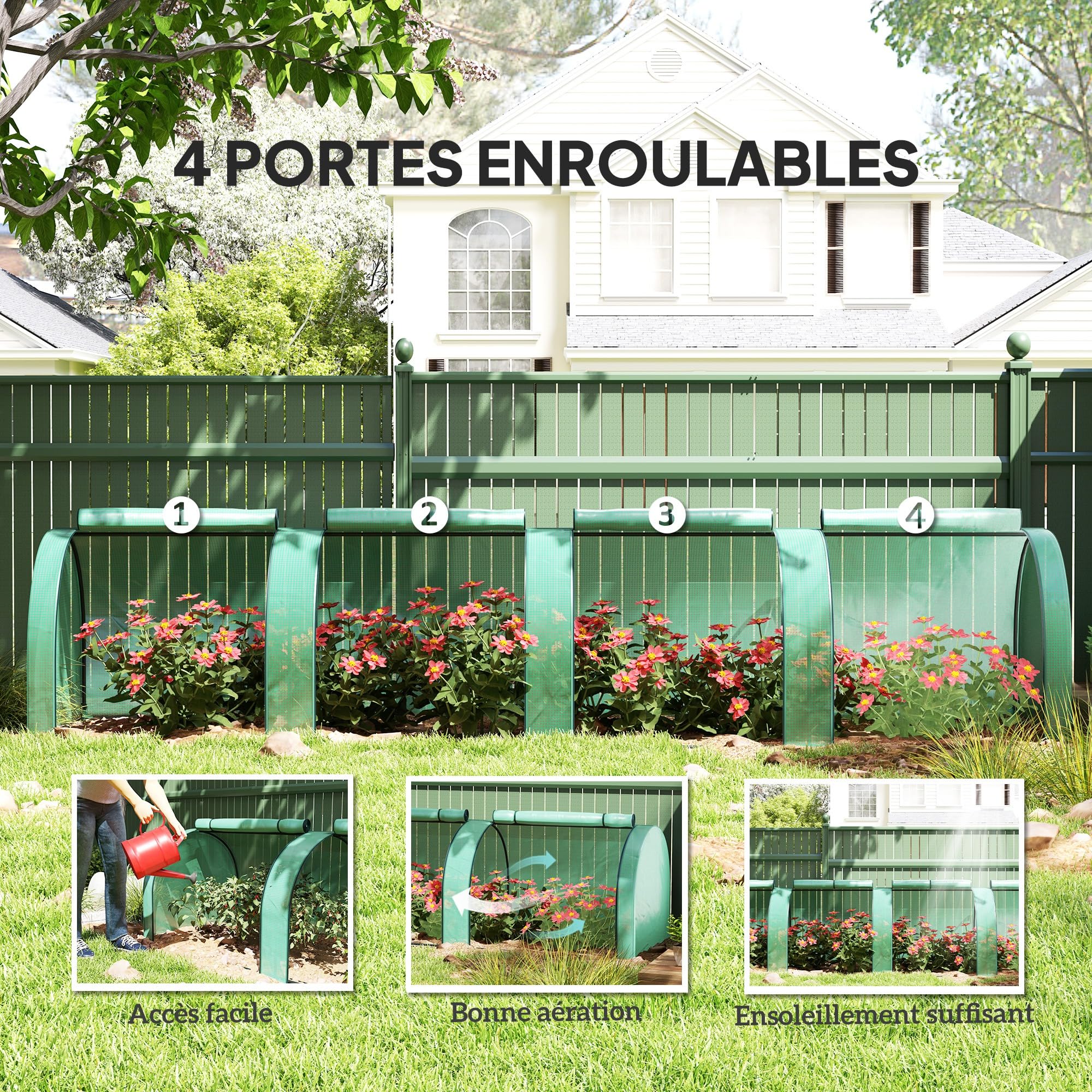 Outsunny Mini Invernadero Mini Túnel Invernadero para Tomates 4 x 1 x 0,8 m Acero PE Alta Densidad 140 g/m² Anti-UV 4 Puertas con Cremallera Enrollable Verde