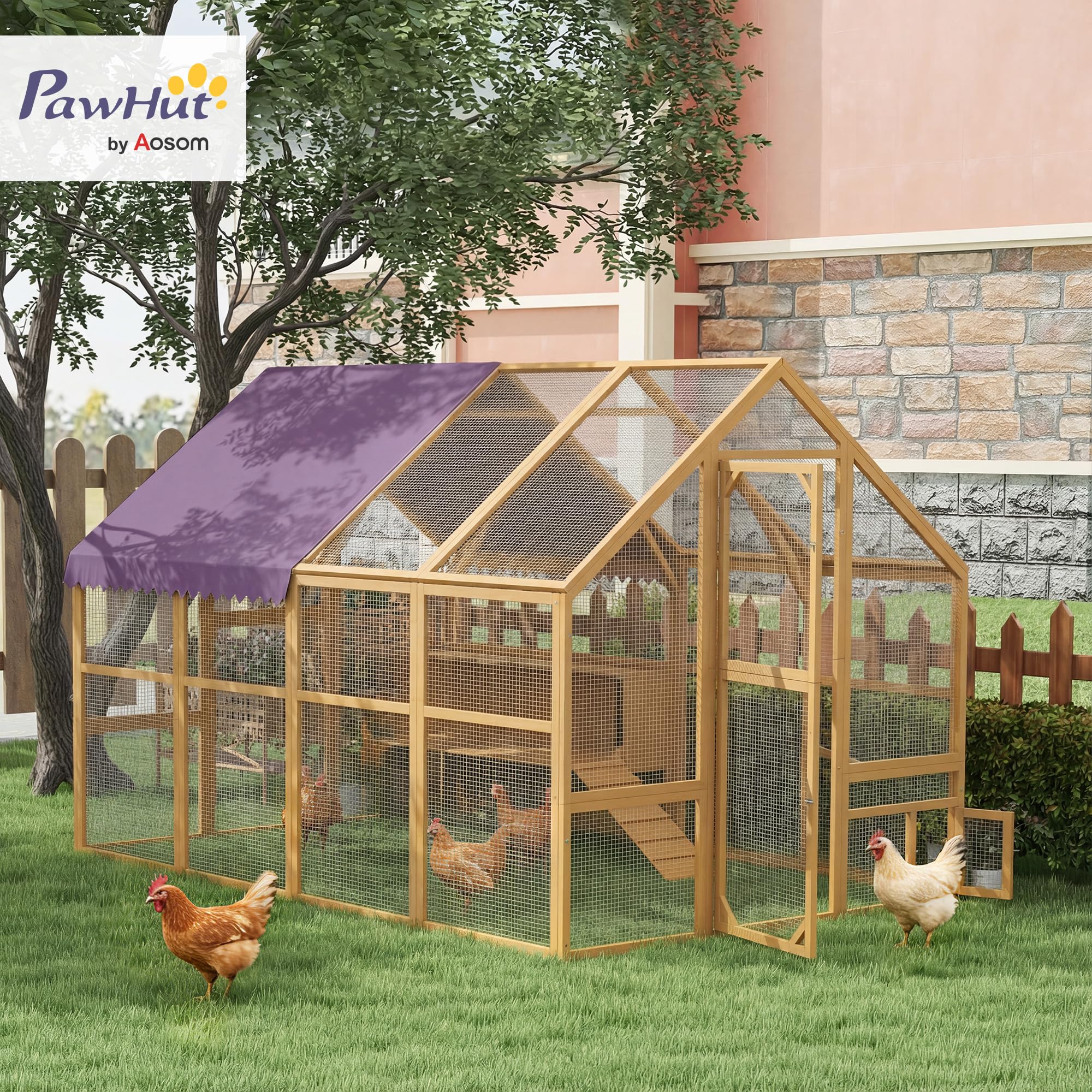 PawHut Hühnerstall 5,2m² ca. 2,8x1,8x1,9m Freilaufgehege Holz mit Freilauf Sicherheitsschloss Teilbare Tür 4 Nistkasten Dach Rampe begehbar Hühnergehege Vogelkäfig für 8-12 Hühner Kaninchen Ente