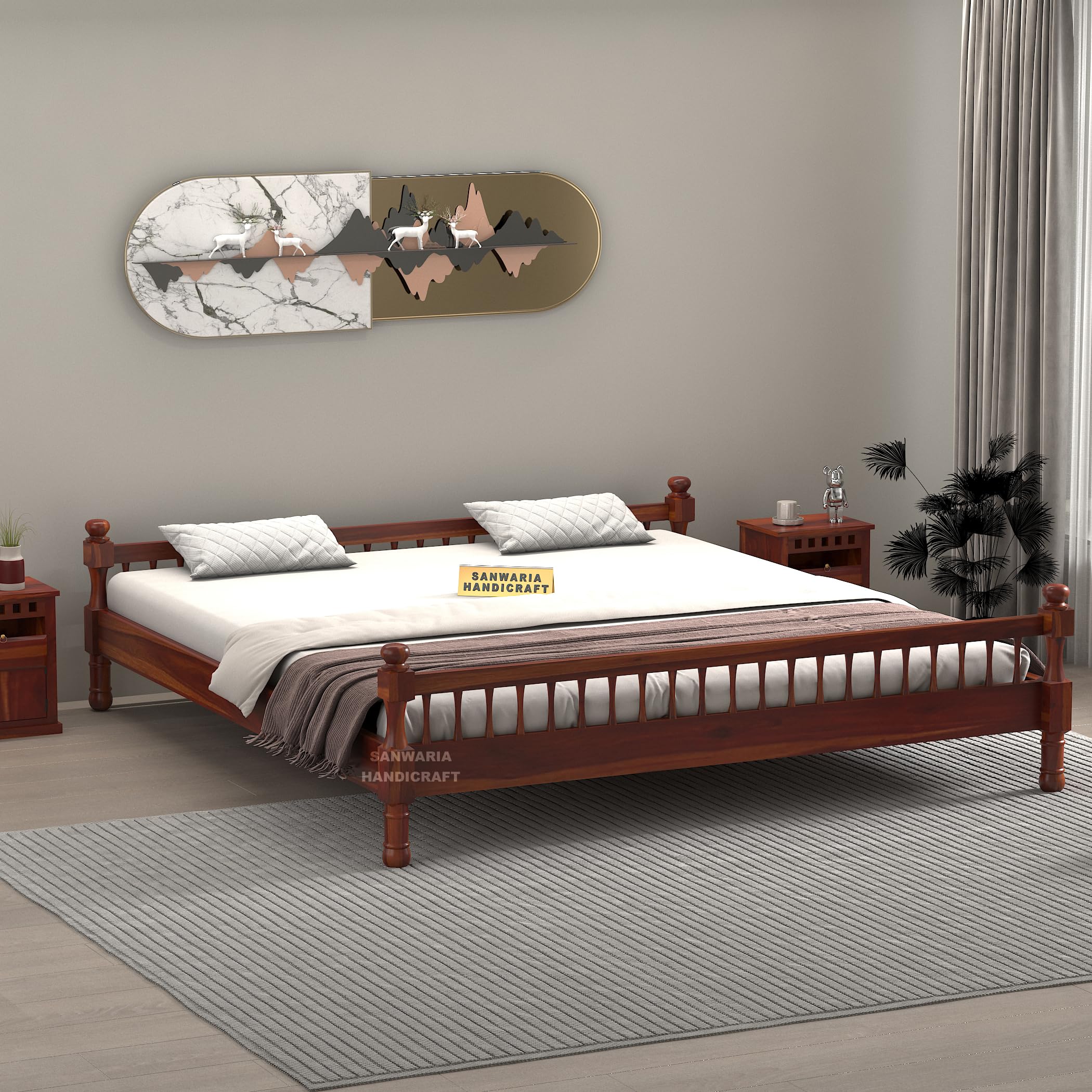 Solid Sheesham Wood Dreamy Nights Bed for Bedroom and Home Furniture | Without Storage | Double Bed | Honey Oak Finish (King)-image-34