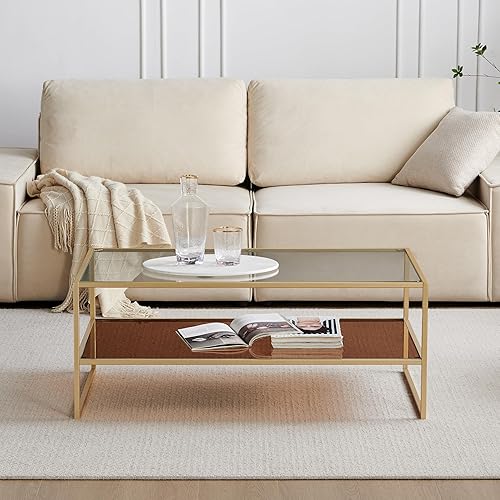 Miniatura 4 de Shrine Mesa de centro de cristal, mesa de centro de vidrio de doble capa para la sala de estar, marco de metal chapado en oro, herrajes dorados,