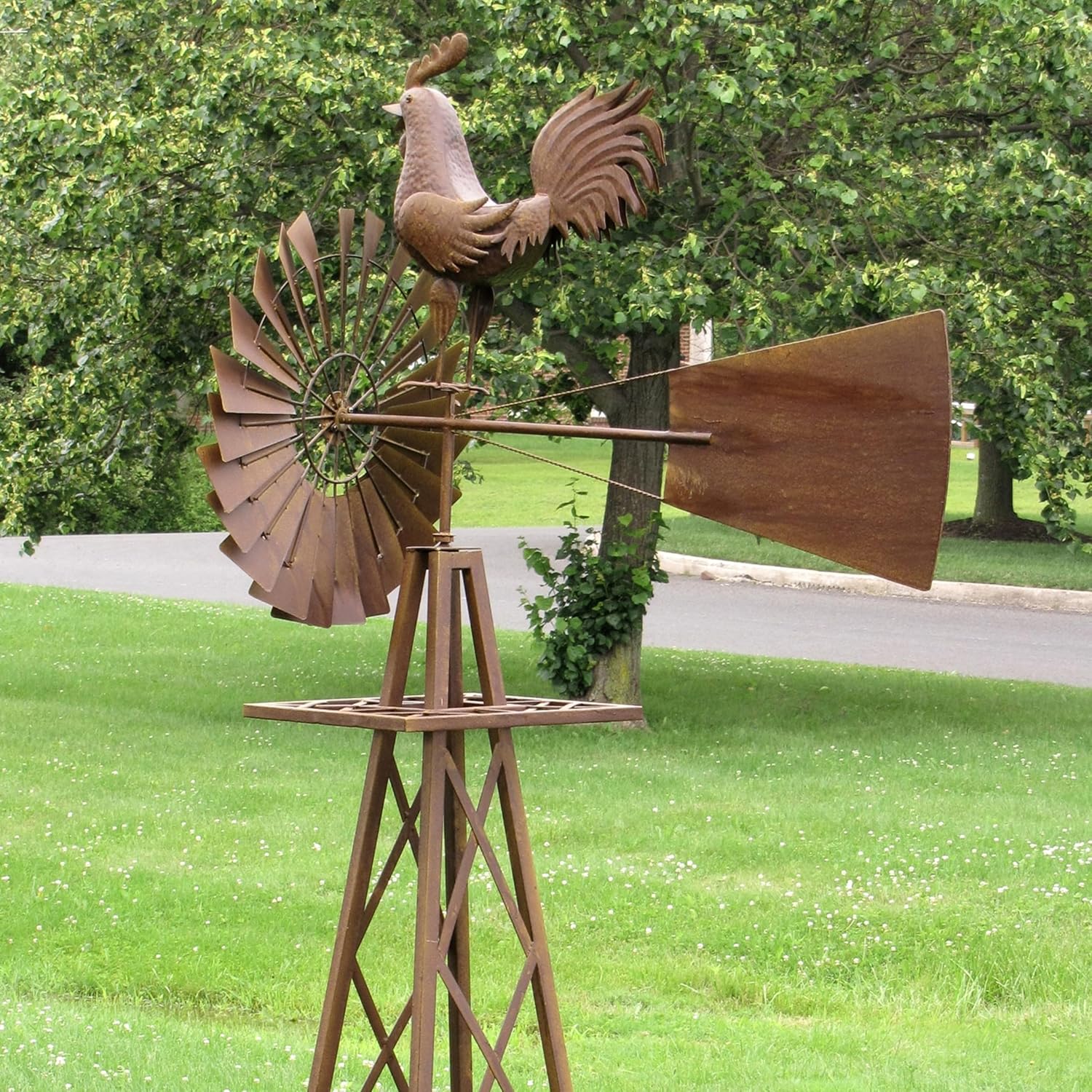 8ft. Tall Large Iron Windmill Stand with Rooster Oscar