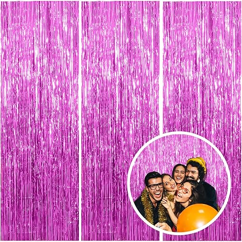 Miniatura 8 de Paquete de 3 telón de fondo rosa para decoración de fiesta de cumpleaños, cortinas de flecos de papel de oropel de aluminio, serpentina, despedida