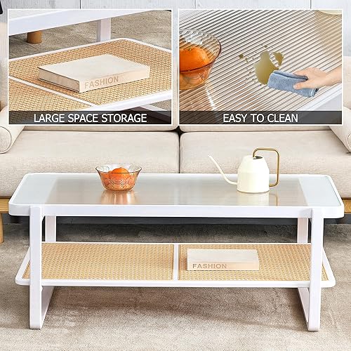 Miniatura 6 de Mesa de centro moderna minimalista blanca de doble capa de madera maciza. Mesa de cristal, mesa con borde de ratán de imitación. Mesa rectangular
