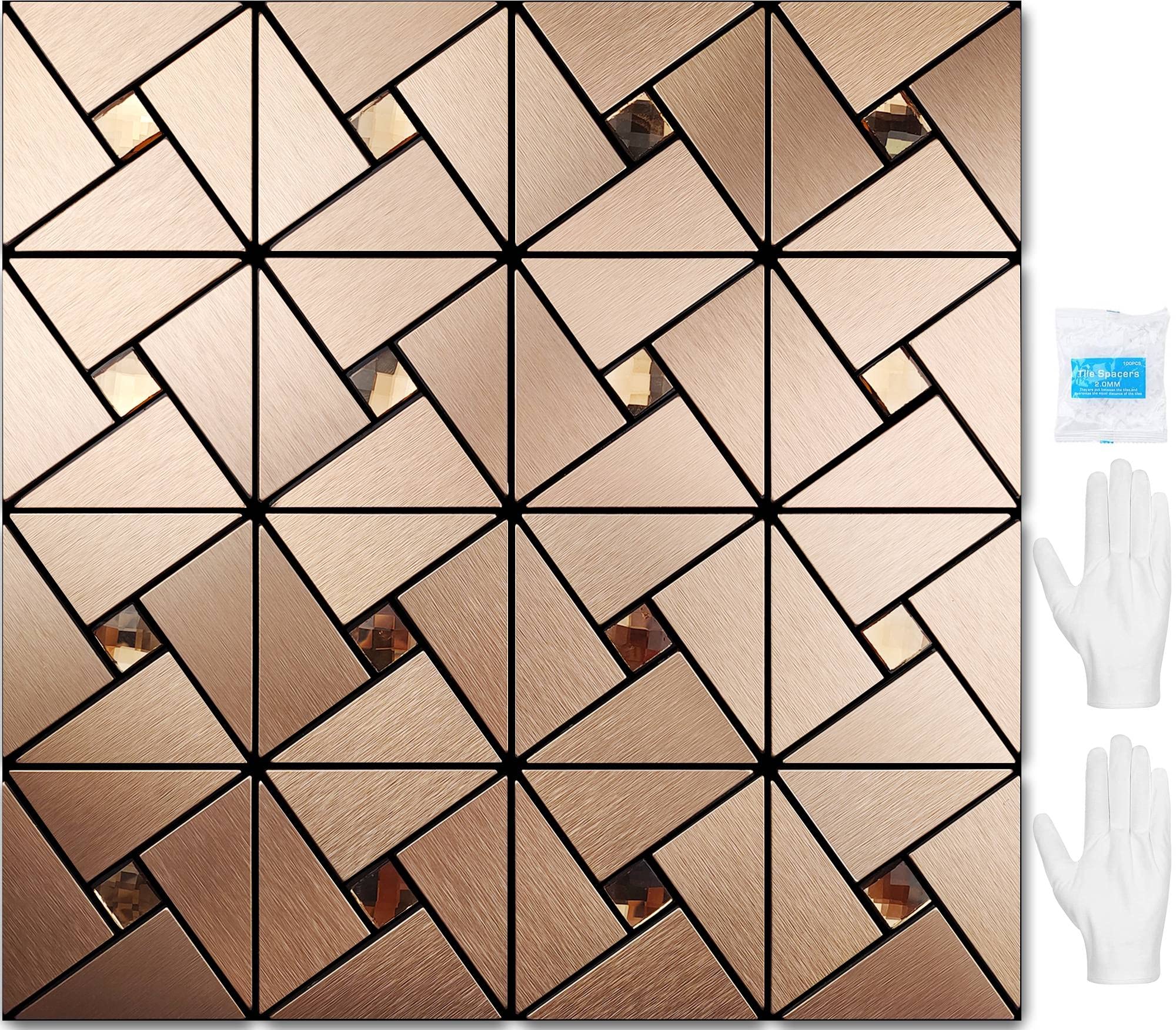 Vamos Tile Peel and Stick Backsplash Tile - Metal Tile Stick on Backsplash for Kitchen and Bathroom Rosegold Windmill Puzzle Glass Mixed Self Adhesive Mosaic Tiles(12"x12"x10 Sheets)