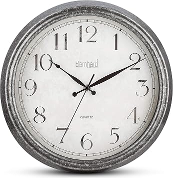 Bernhard Products Rustic Wall Clock 14 Inch Silent Non Ticking, Quartz Battery Operated Decorative Textured Rustic Farmhouse Gray Easy to Read, for Home Kitchen Office