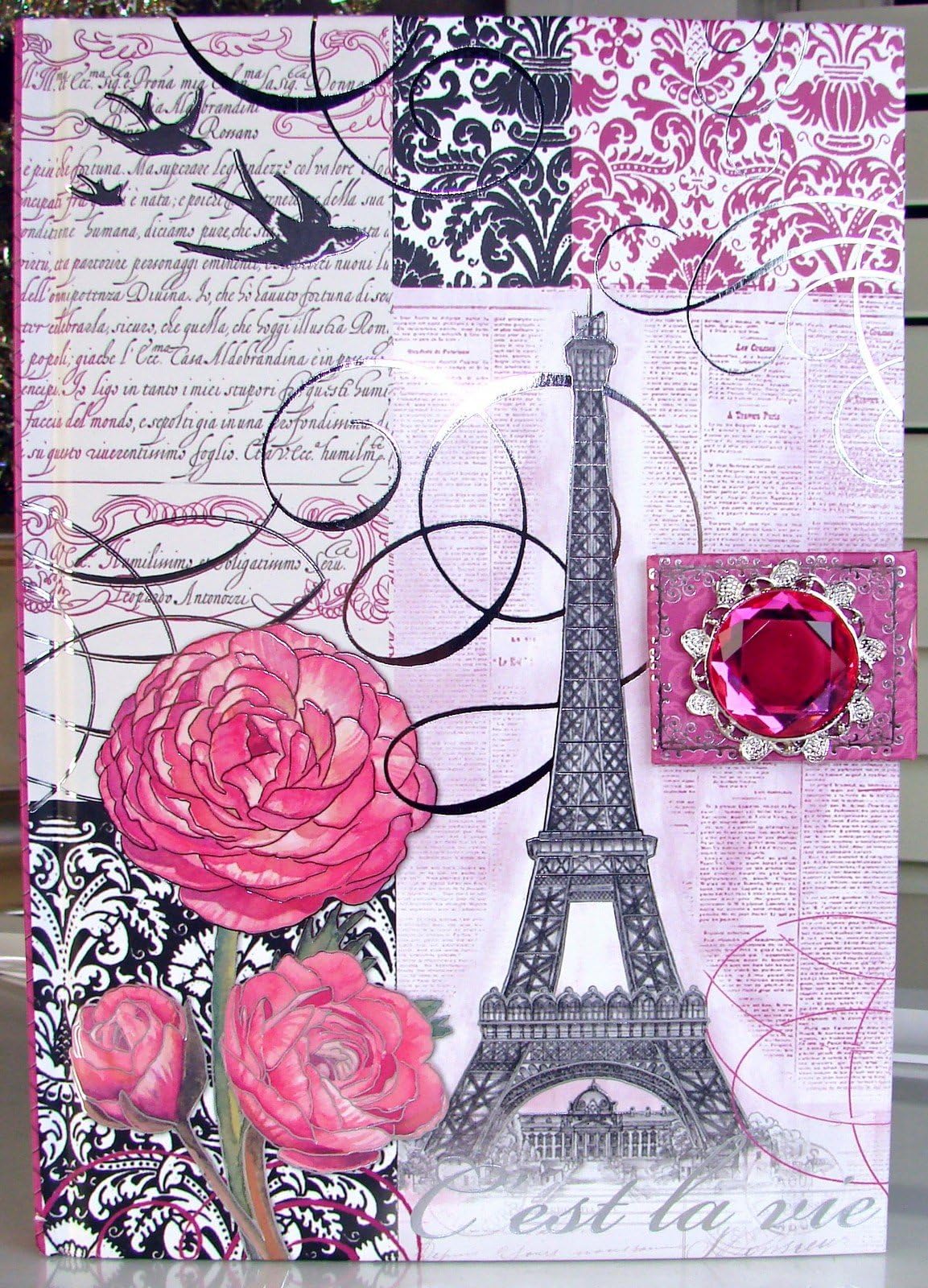 Punch Studio Journal C’est La Vie Jeweled Pink Brooch Diary Embellished Gold Foil Arts Collectible Stationery