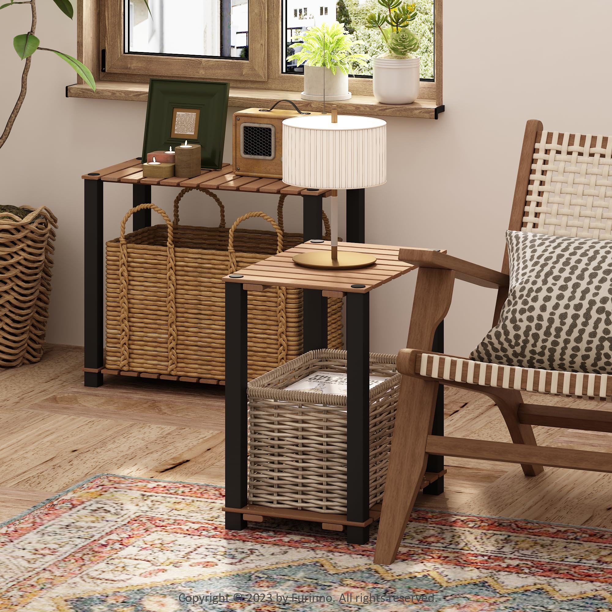 Furinno TURN-N-TUBE 2-Tier Wood Slat Small Rectangle End Table with Open Shelves, Natural/Black