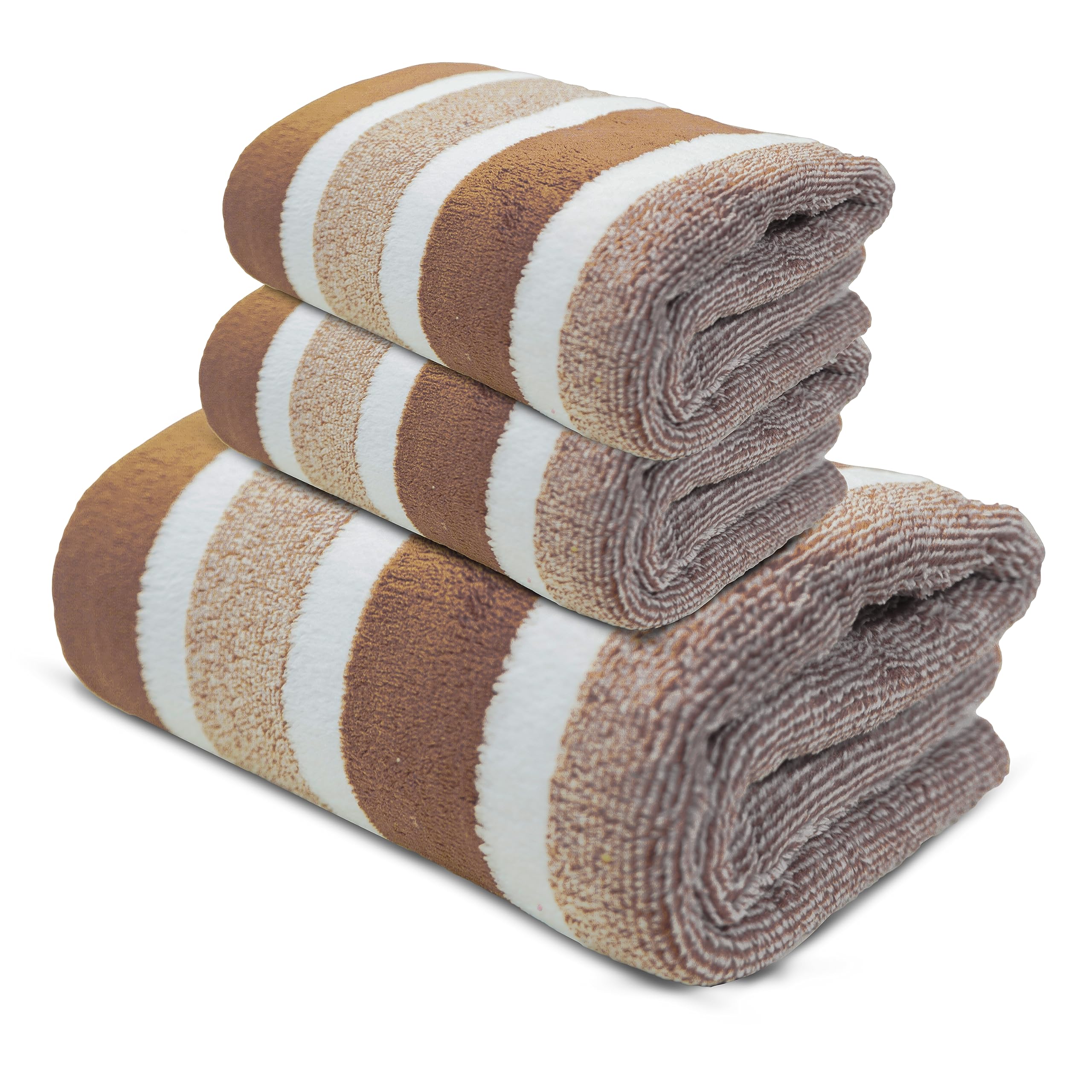 MAXOSHINE Microfiber Towels for Bath Large Size-Soft Fluffy Coral Fleece Bathing Towel with Hook Quick Dry Super Absorbent-Stripes Bath Towel for Men and Women-70 x 140 cm (Brown, 1 Bath Towel + 2 Hand Towels Combo)