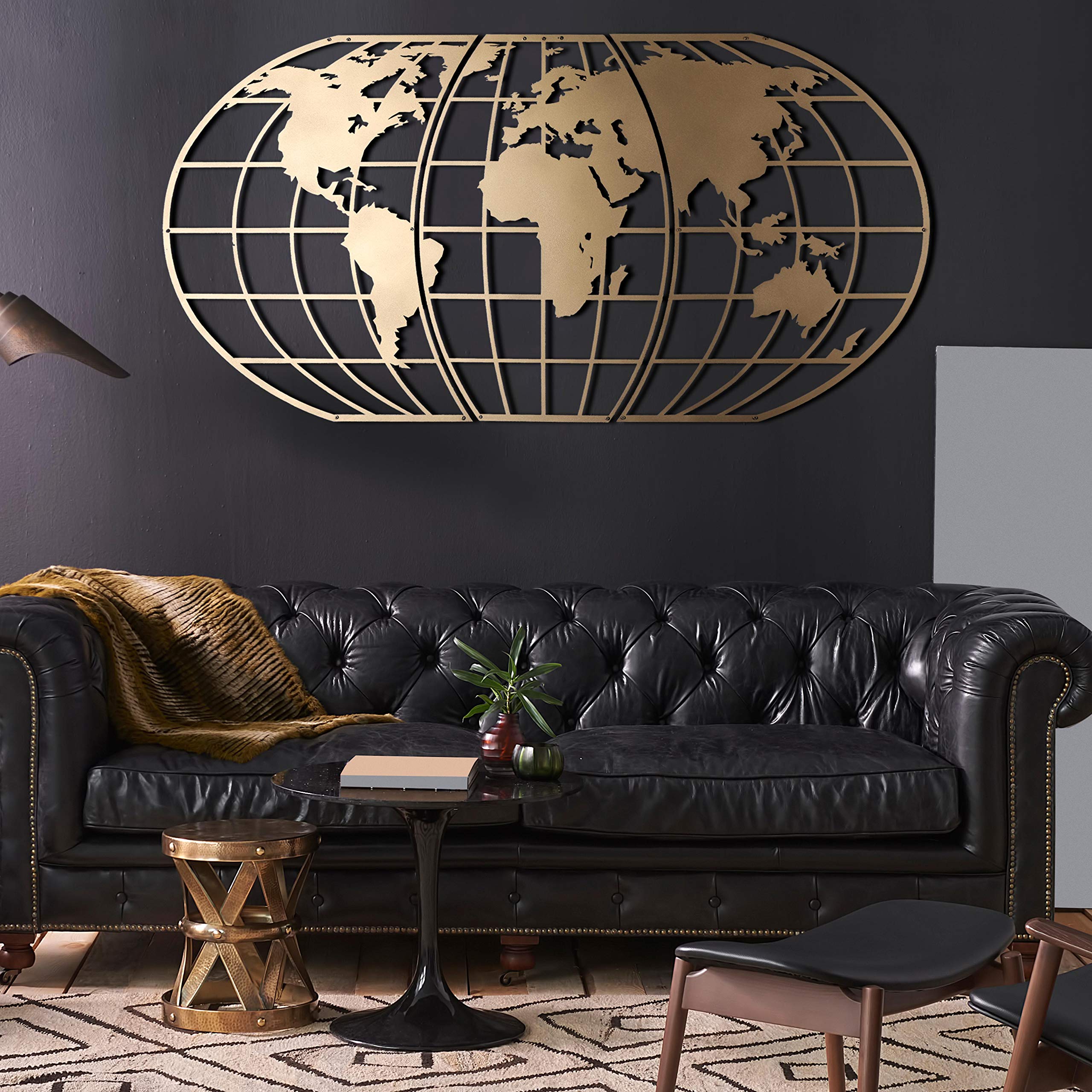 Tubibu Arte de pared moderno, 100 % metal, globo metálico de mapa del mundo, tamaño 23.6 x 47.2 pulgadas, colgante para sala de estar y dormitorio (dorado)