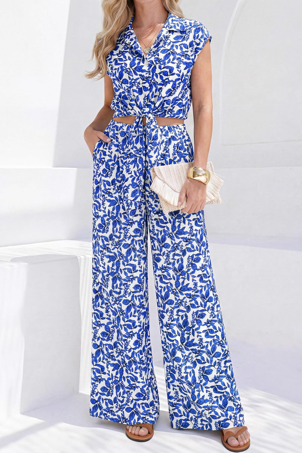 PRETTYGARDEN 2 Piece Sets For Women Summer Striped Button Down Tie Front Crop Tops Wide Leg Pants Floral Lounge Set 2026 - Image 2