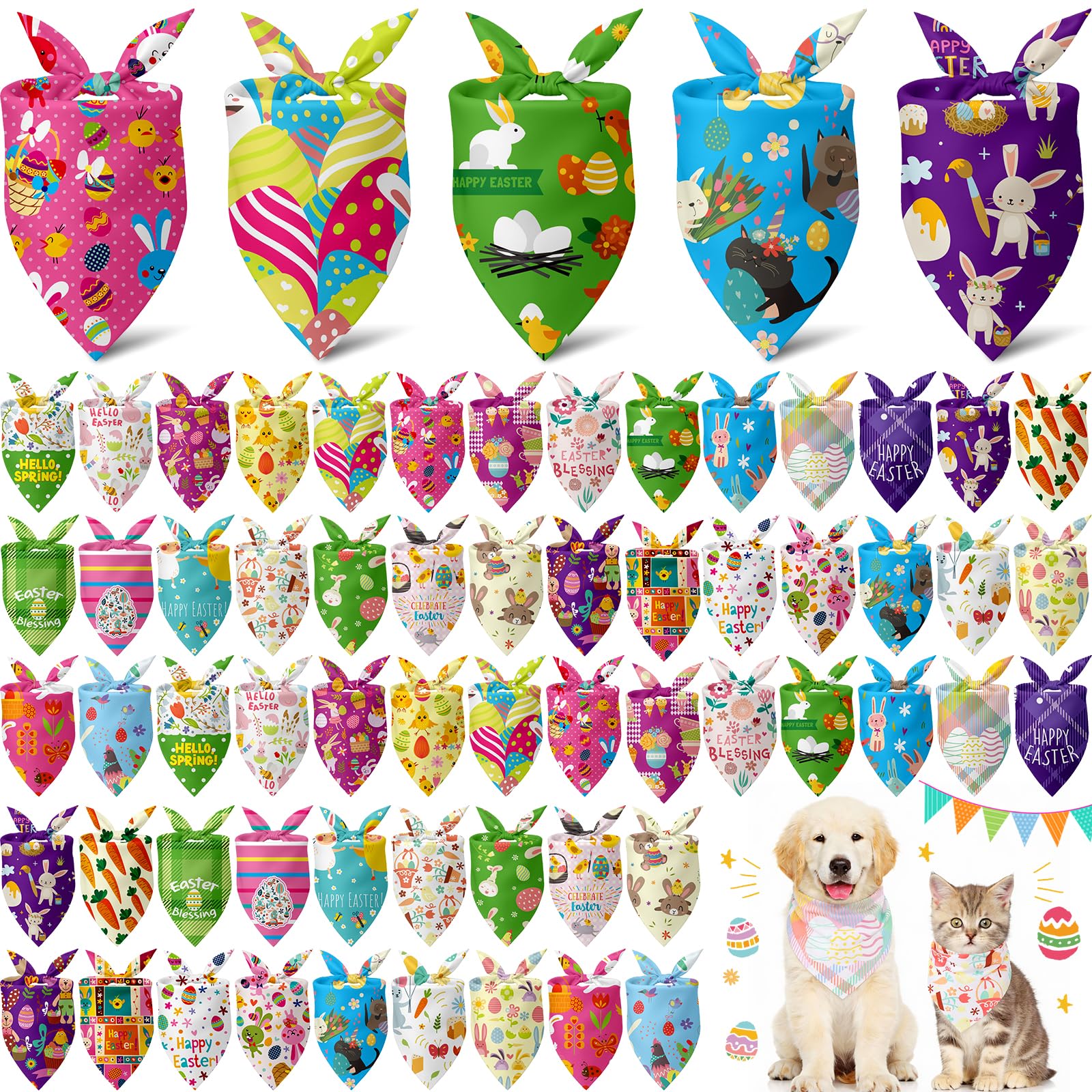 Sanwuta 60 Pcs Easter Dog Bandanas Bulk Bunny Dog Bandanas Adjustable Puppy Bibs Triangle Scarf Holiday Pet Costume for Small Medium Pet (Bunny Pattern)