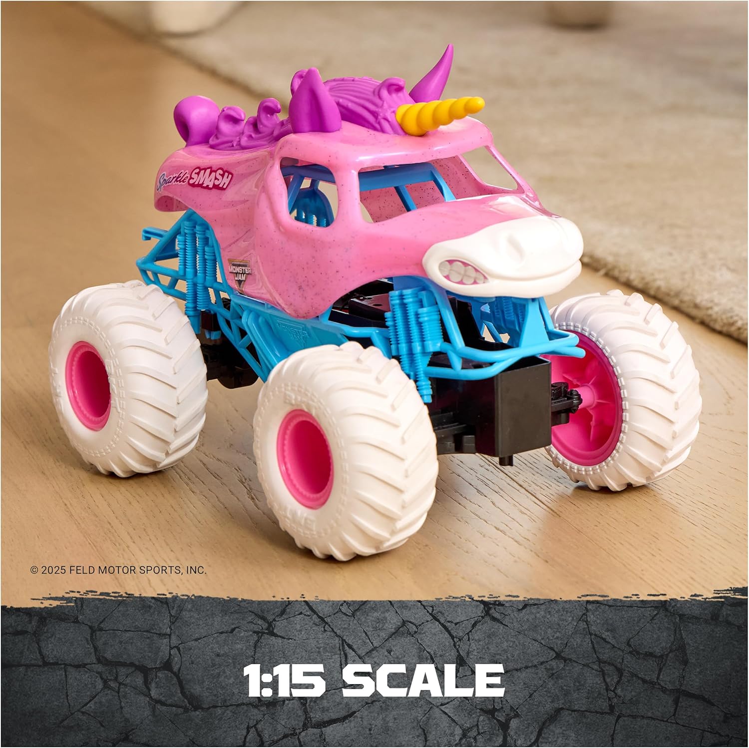Monster Jam, Official Sparkle Smash Remote Control Vehicle Indoor & Outdoor, 1:15 Scale, 2.4 GHz, Toys for Boys and Girls Ages 4 and Up