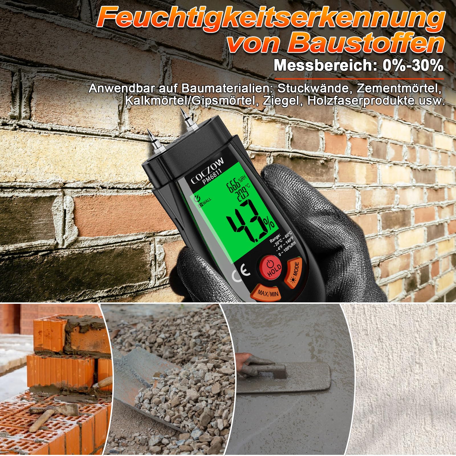 Wood Moisture Meter with Temperature and Humidity Measurement – Ideal for quickly measuring moisture content in logs, paper, plywood, plaster walls, floor coverings, and other materials. — Amazon image 4