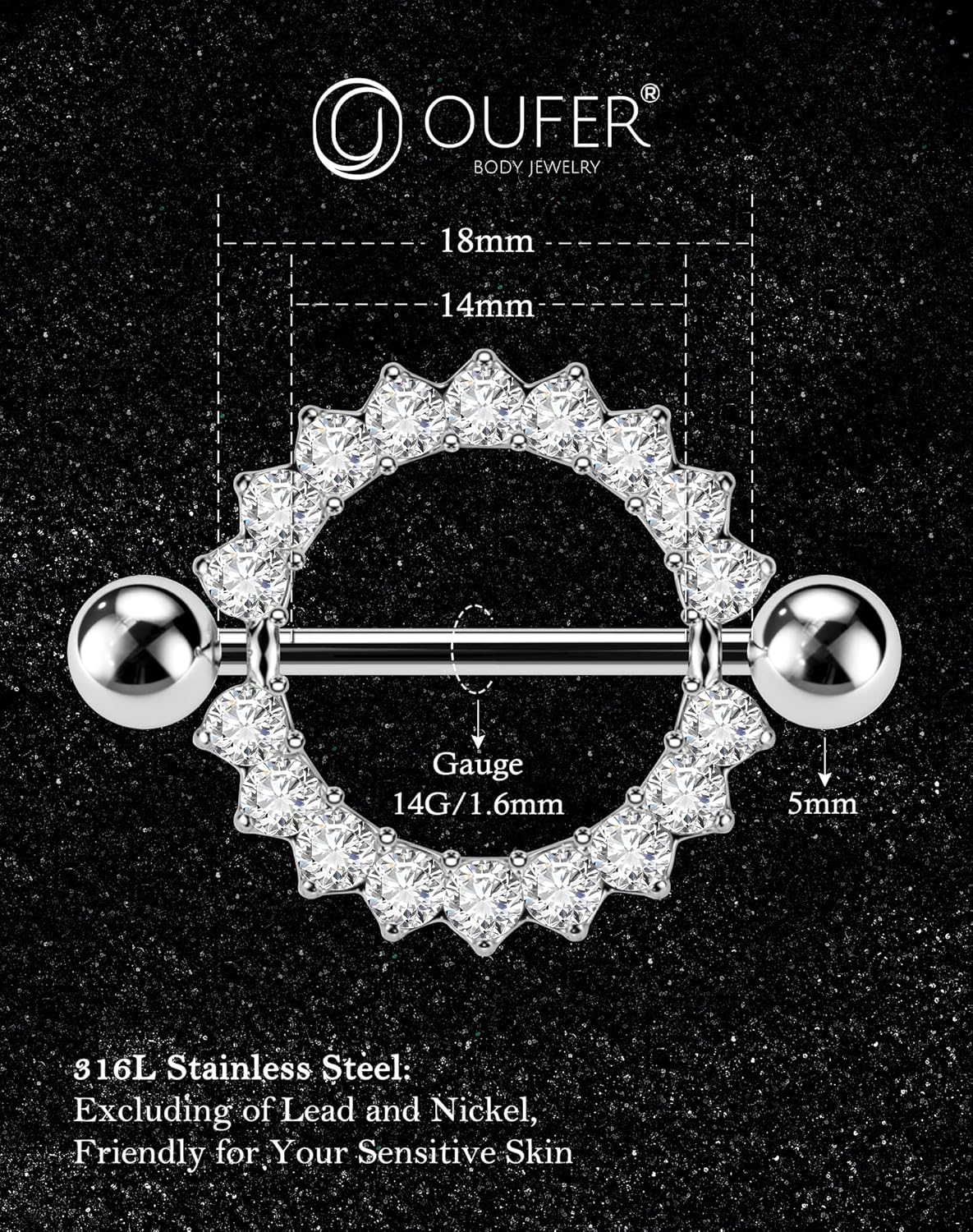 OUFER 2PCS Nipple Piercing Jewelry, 14G 316L Surgical Steel Nipple Rings for Women, Crystal Circle Shield Body Piercing Jewelry-14MM - Image 4