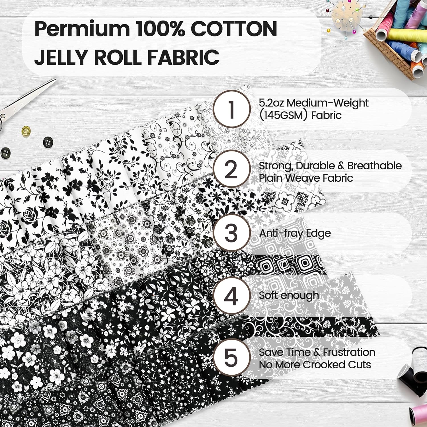 Craftido-18 Options-100% Cotton Jelly Roll Fabric Precut Strips for Quilting, Crafting, and Sewing, 40 Strips 2.5" x 44" Assorted Bundles for Rug, Quilt, DIY Craft and Home Decor-Black & White Flower