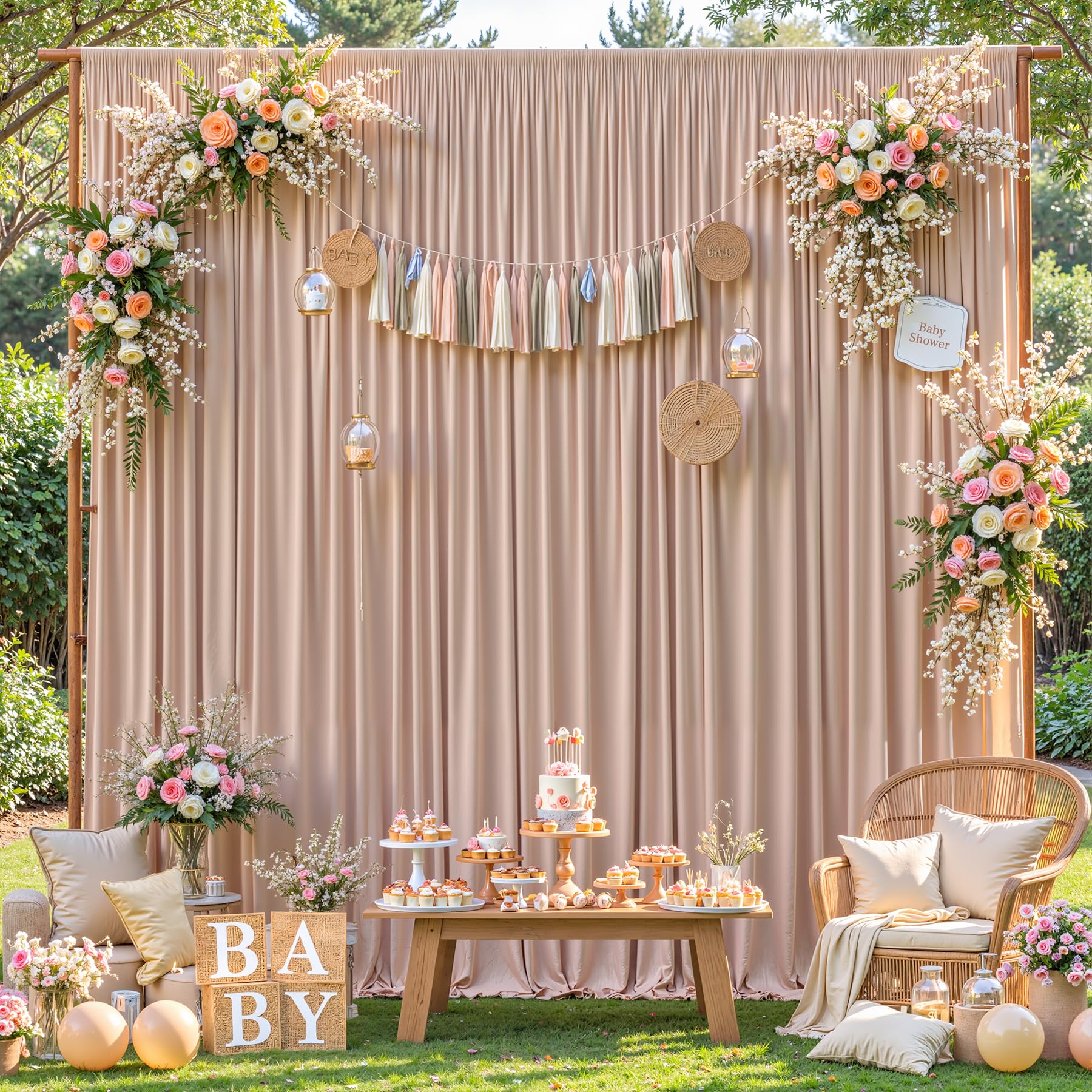 Photo 1 of 10x10ft Nude Backdrop Curtains for Wedding Parties Wrinkle Free Photo Backdrop Curtains Drapes for Photography Birthday Baby Shower Soft Fabric Party Backgournd for Photoshoot 5x10ft, 2 Panels