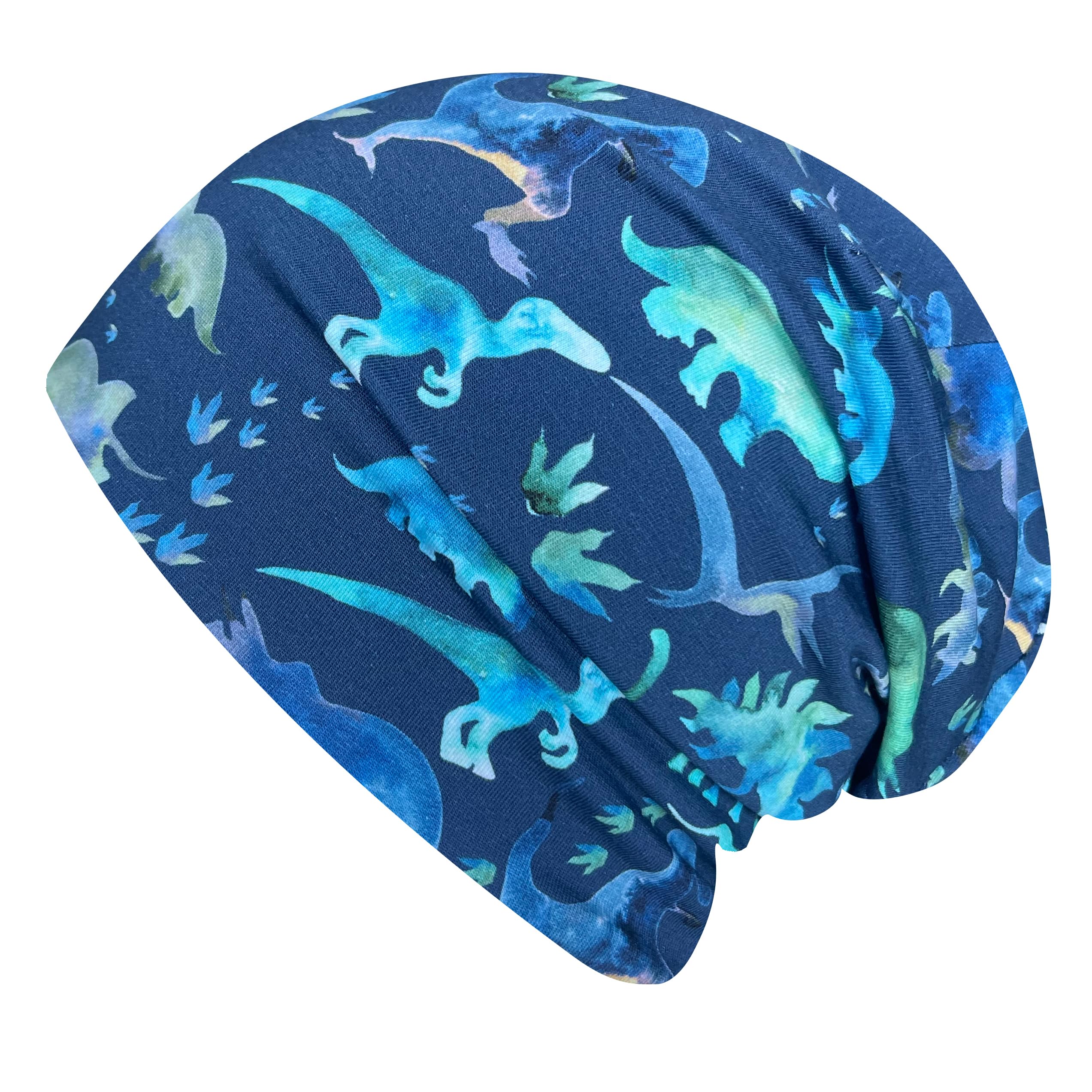 Wollhuhn Kinder Beanie – Zweilagige Longbeanie aus Jersey, wendbar & weich – innen grau – Handmade in Deutschland – ganzjährig (DE/NL/SE/PL, Numerisch, 48, 50, Dinos Blau/Grün)
