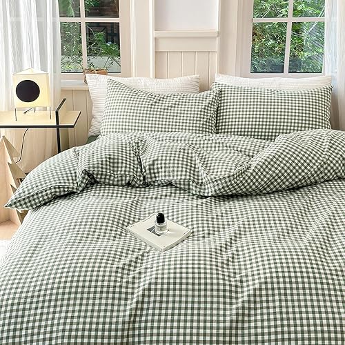 Miniatura 28 de Juego de funda de edredón de algodón a cuadros tamaño matrimonial, juego de ropa de cama a cuadros de estilo moderno de 3 piezas para hombres