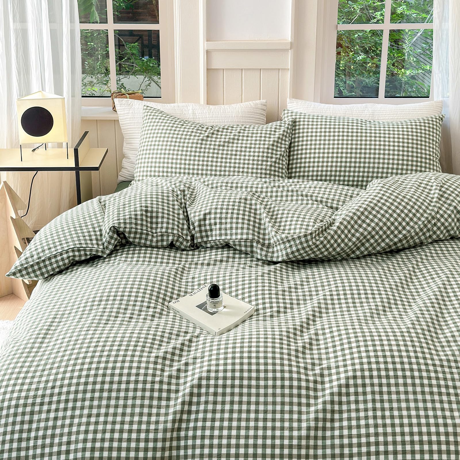 LifeTB Green Gingham Duvet Cover King Boho Green Grid Plaid Duvet Cover 100% Washed Cotton Checkered Comforter Cover with 2 Pillowcases Farmhouse Plaid Comforter Cover Gingham Bedding Set — image 1