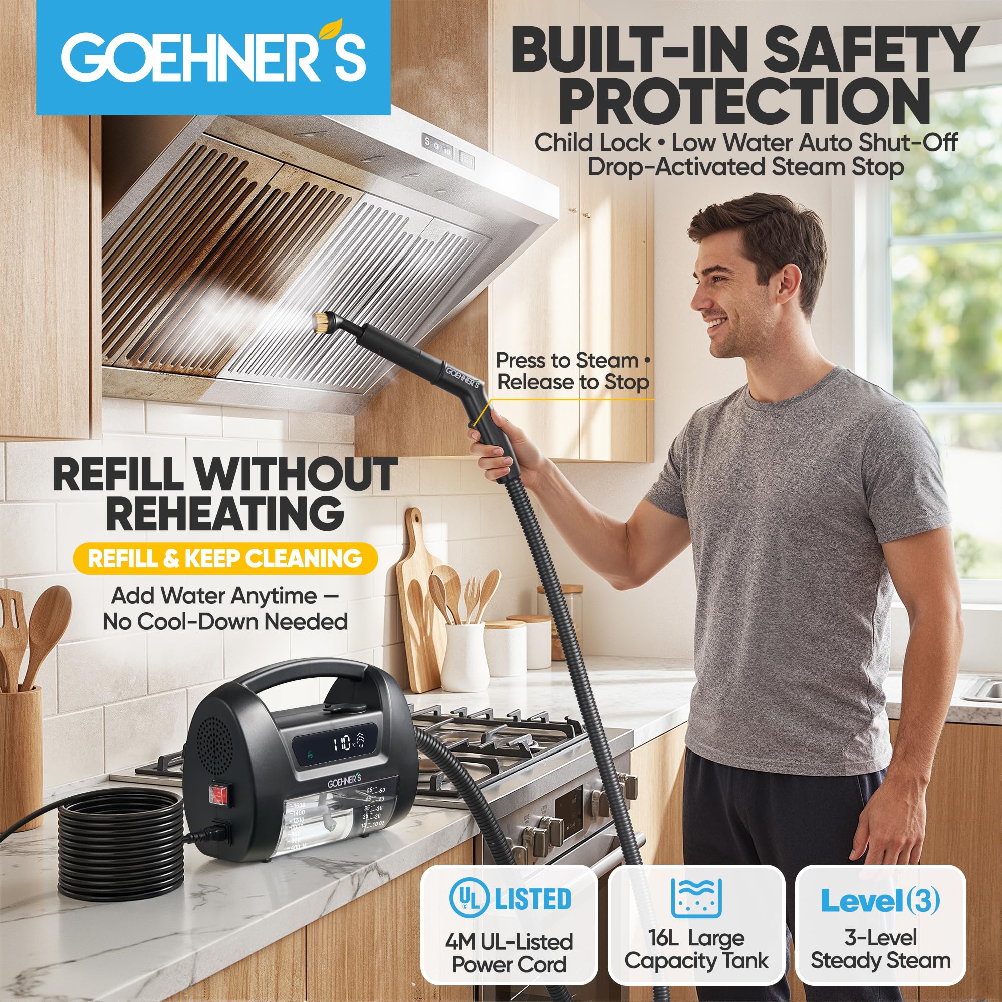 Handdampfreiniger, 110°C/3,5 Bar Hochdruck-Dampfreiniger Handgerät mit 1,6L Tank, Dampfreiniger für alles - Steam Cleaner Für Auto Fliesen Fugen Küche Bad Polster ohne Chemie