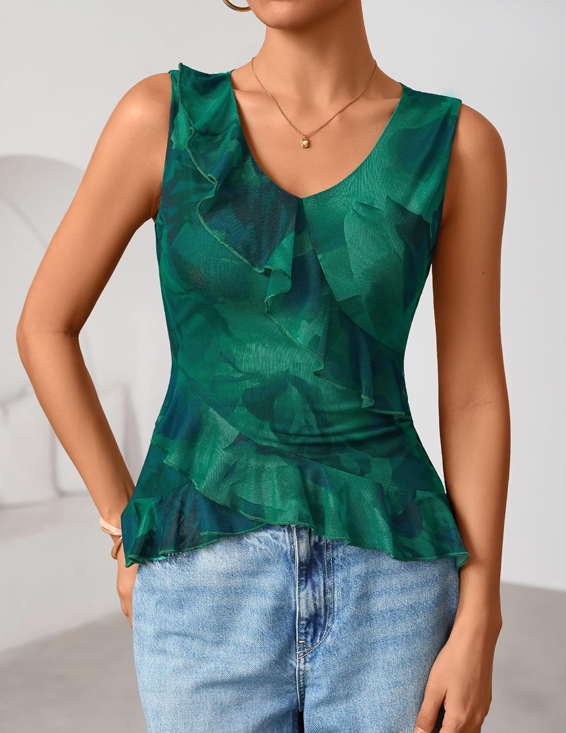 ZESICA Women‘s 2026 Summer Sleeveless V Neck Floral Ruffle Tops Casual Mesh Going Out Shirts Blouse Fashion Clothes - Image 3