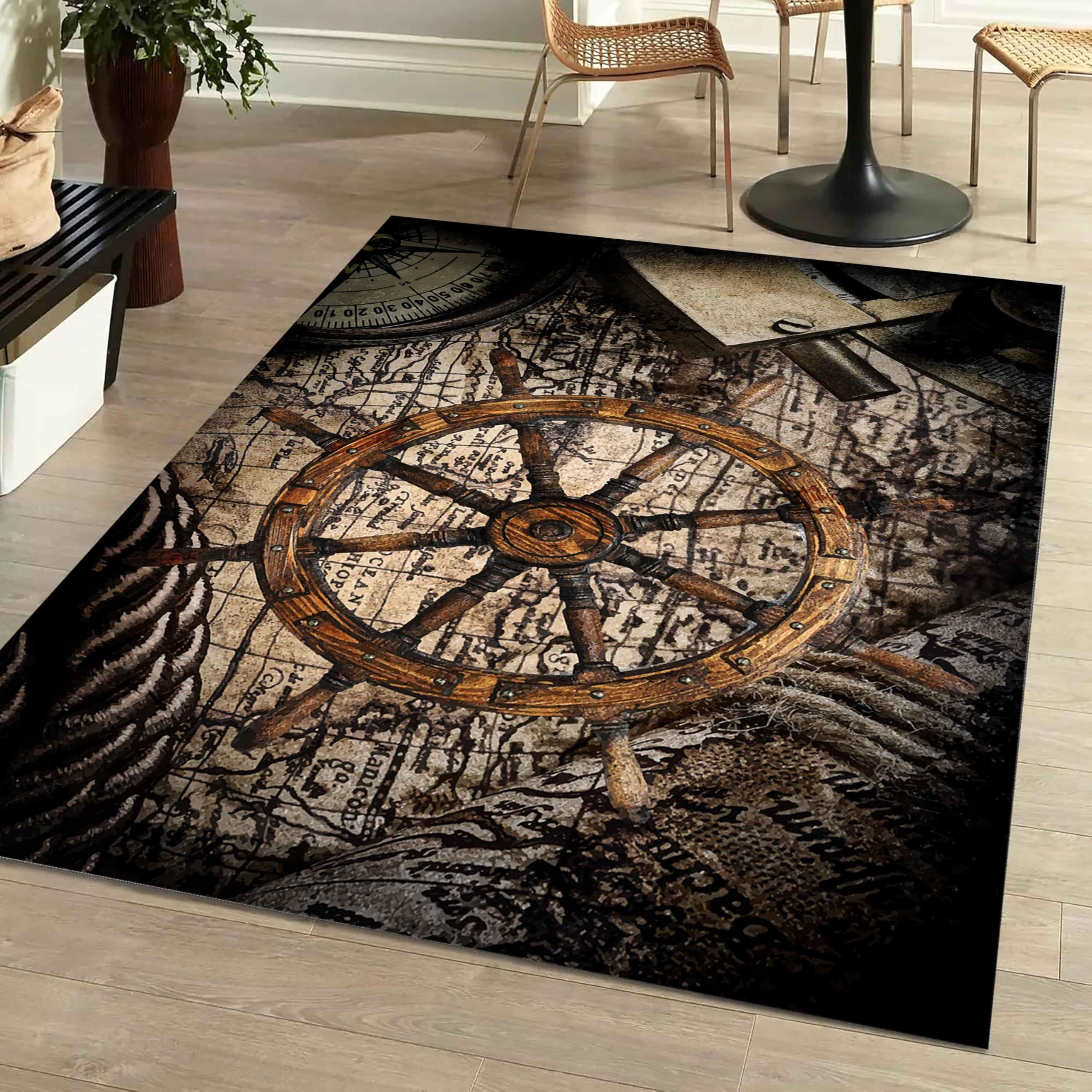 Kuluoits Sea Area Rugs, 3x4ft, Vintage Distressed Ship Rudder Compass Washable Rugs, Ocean Adventure Nautical Map Non-Slip Durable Rug Mats for