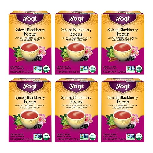 Yogi Té especiado Blackberry Focus Tea  16 bolsas de té por paquete (6 paquetes)  Té orgánico de mora para concentración con cafeína  Incluye hoja