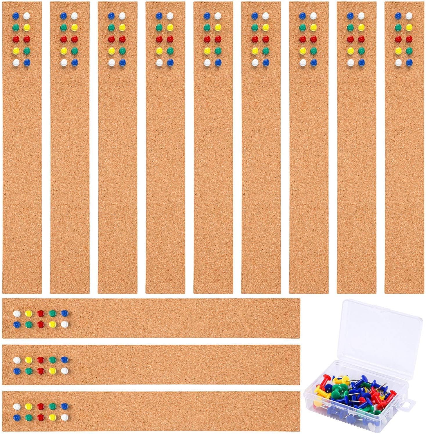 Cooraby 12 Pack Cork Strips 15 x 2 Inch Frameless Self-Adhesive Cork Board with 40 Pieces Cork Board Pins for Classroom Office