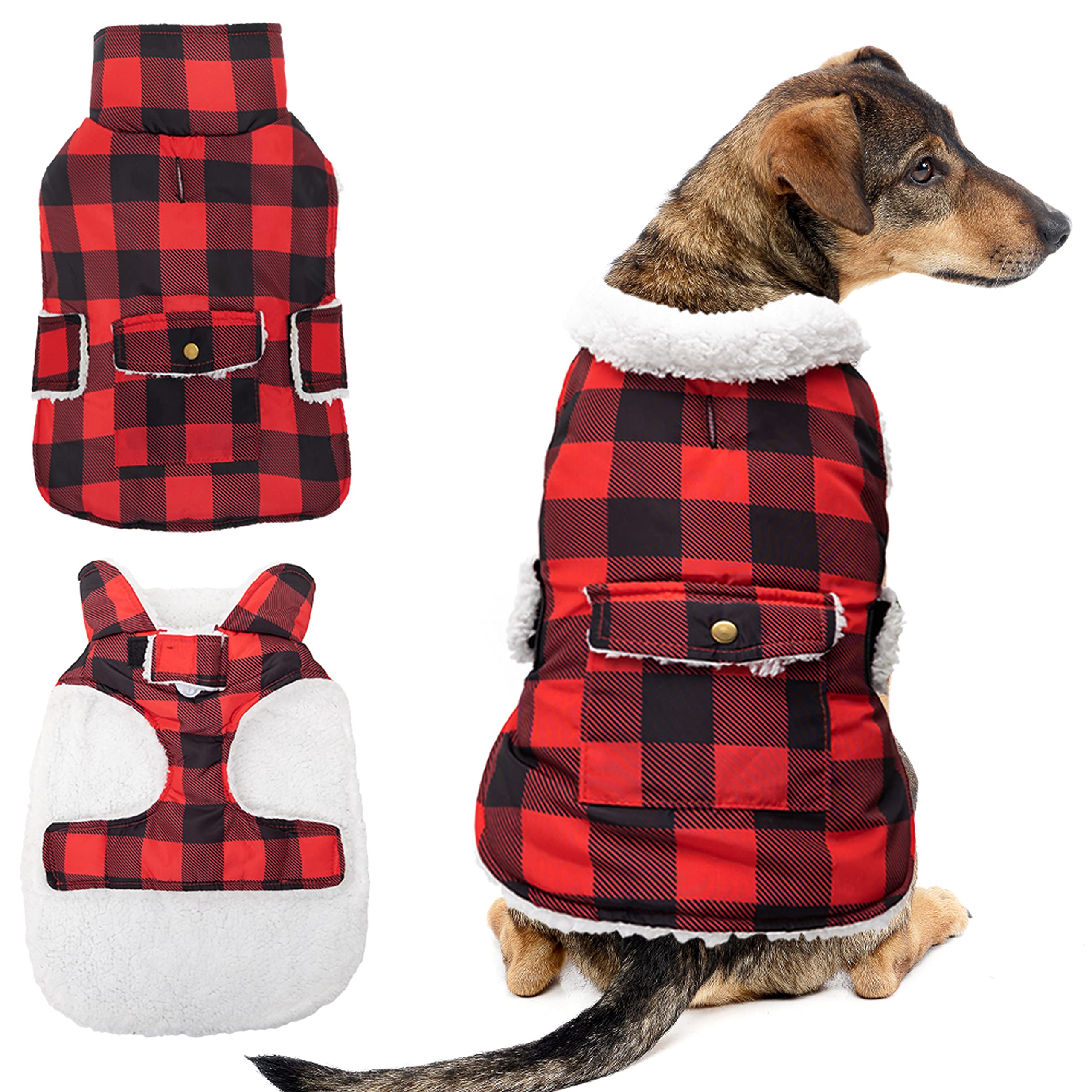Chaqueta de invierno para perro, abrigo grueso y cálido de forro polar resistente al viento para nieve, clima frío, chaleco a cuadros con anillo en D para perros pequeños, medianos y grandes