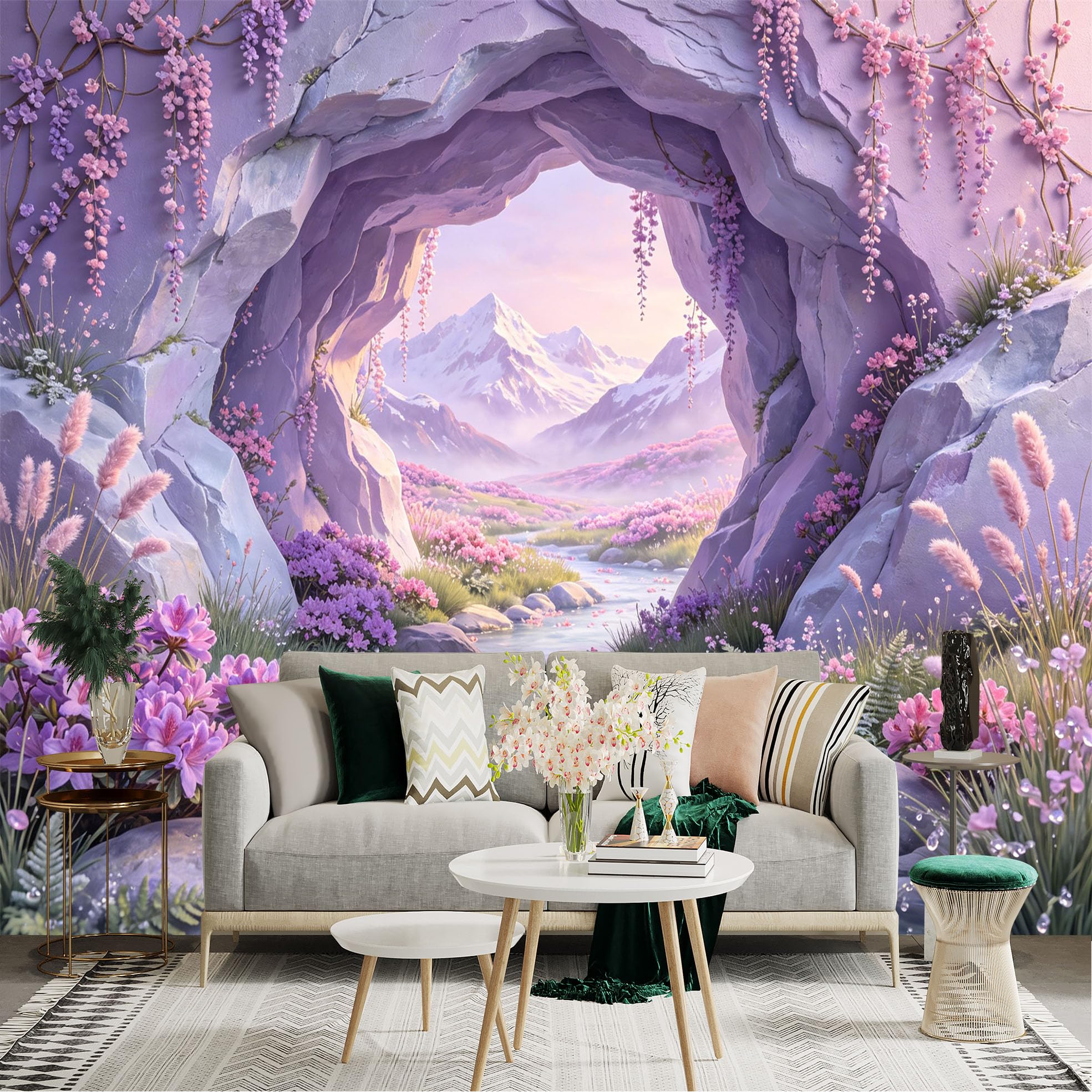 Custom Size Wall Sticker Mural， Lavender Cave with Mountain View and Blossom Stream， for wall Decoration， peelandstick wall Decals.
