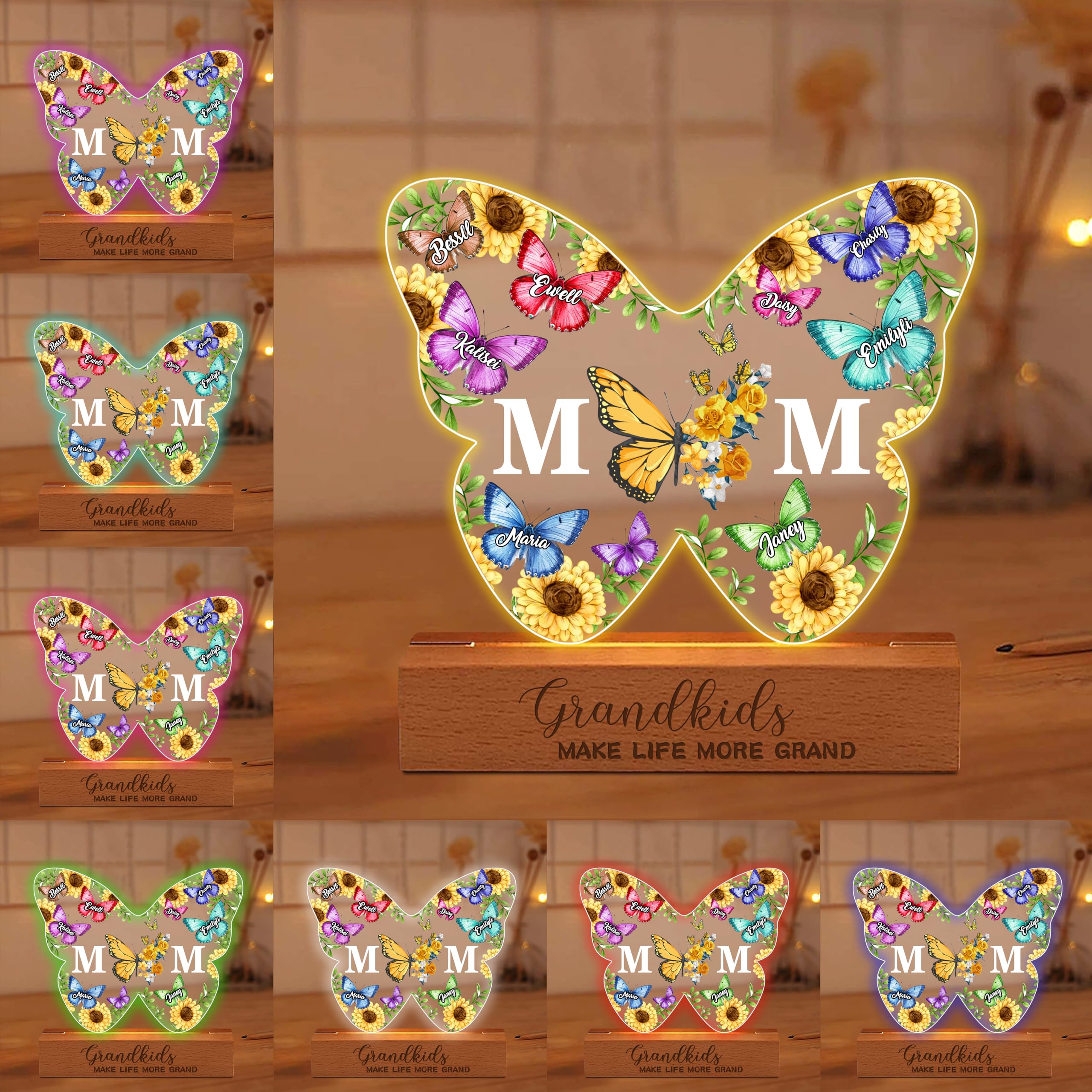 BFHEFGSUU Personalised Butterfly Name Night Light Custom 1-15 Names Sign Grandkids Make Life More Grand LED Light Gift for Grandma Grandpa Mother's Day Birthday (Style 9)