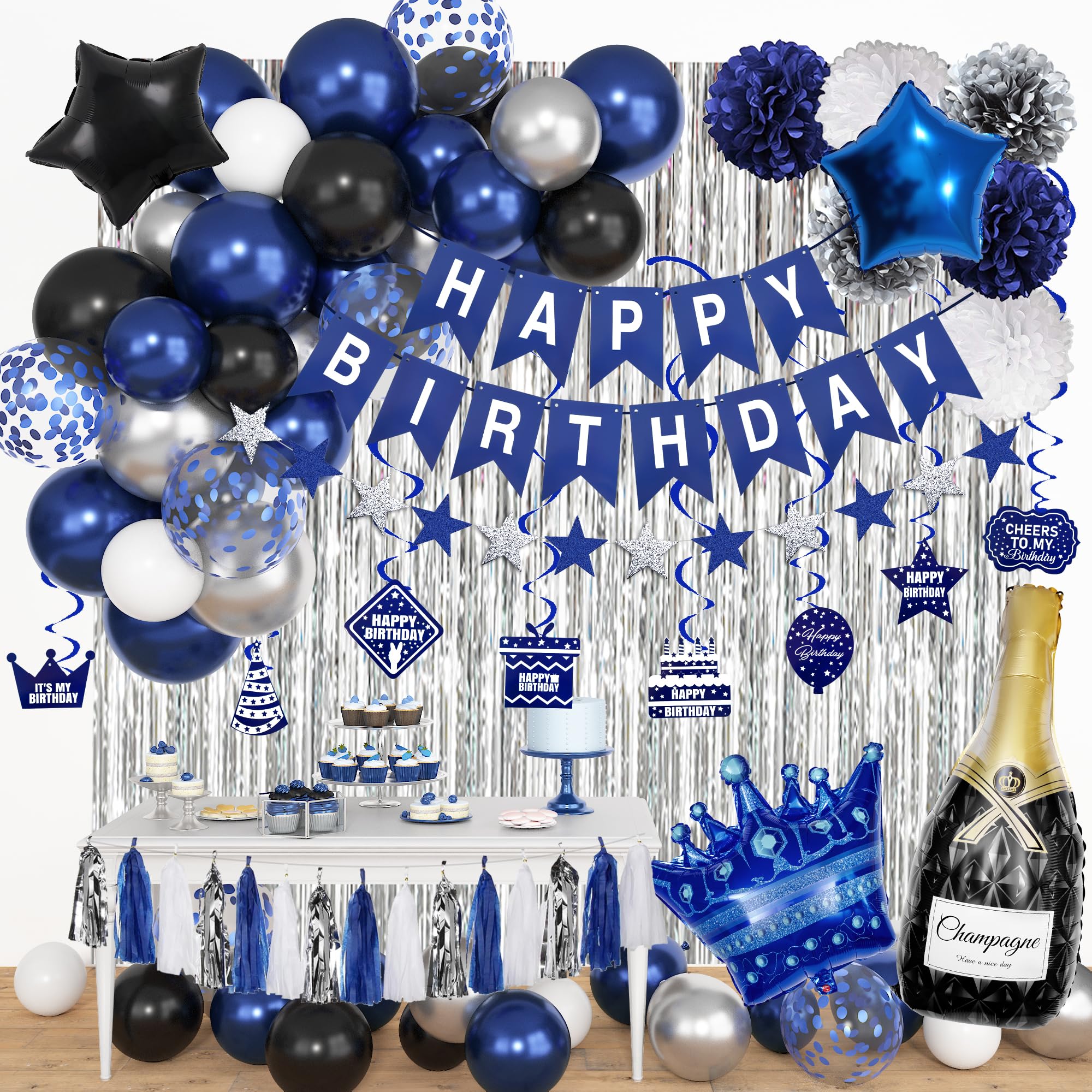 Blue Birthday Decorations for Men Boys, Blue Silver Party Decorations Fringe Curtains Happy Birthday Banner Hanging Cutouts Tassels Graduation Party