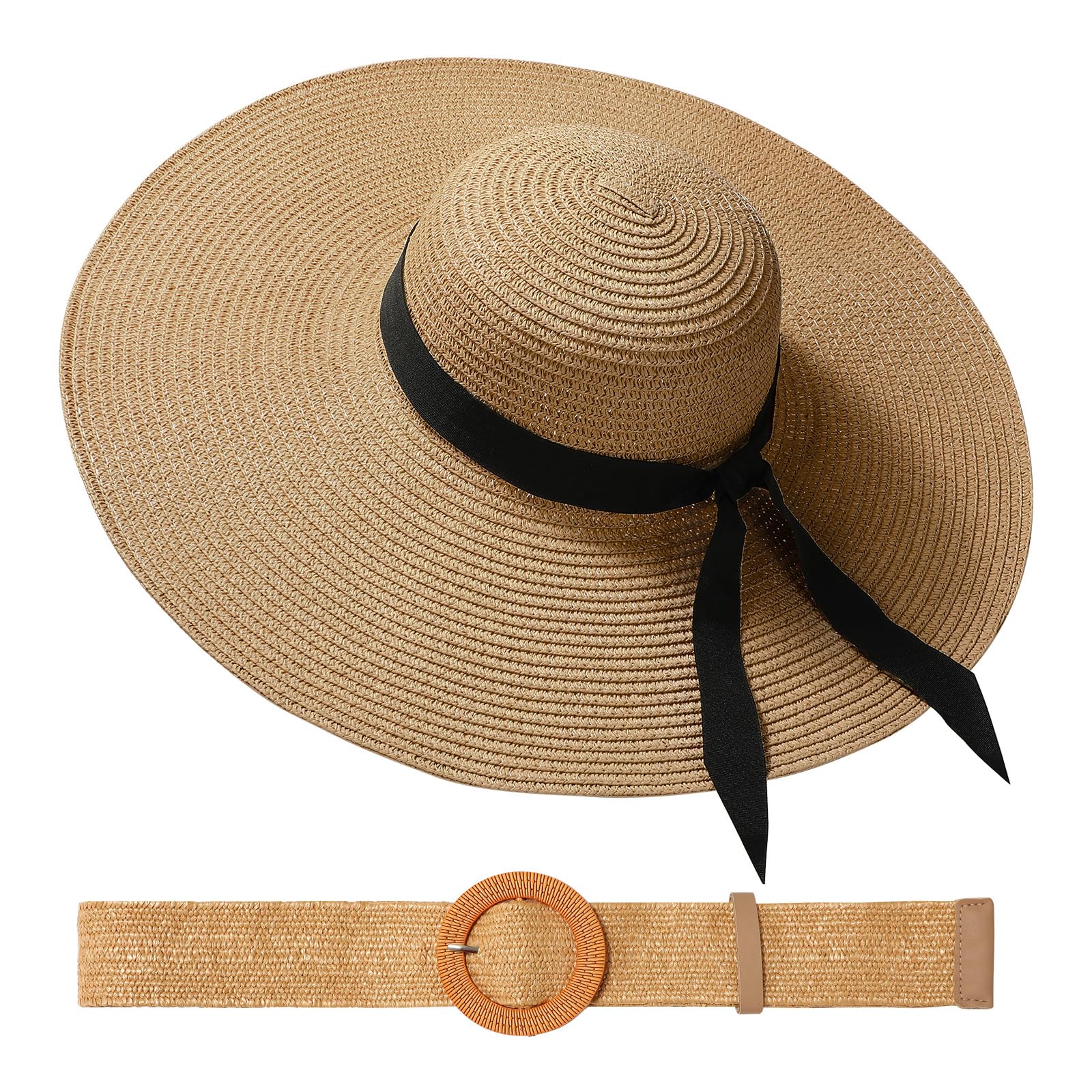 Womens Beach Sun Straw Hat with Straw Belt UV UPF 80+ Travel Foldable Brim Summer UV Hat Stretch Boho Belt for Dress Khaki