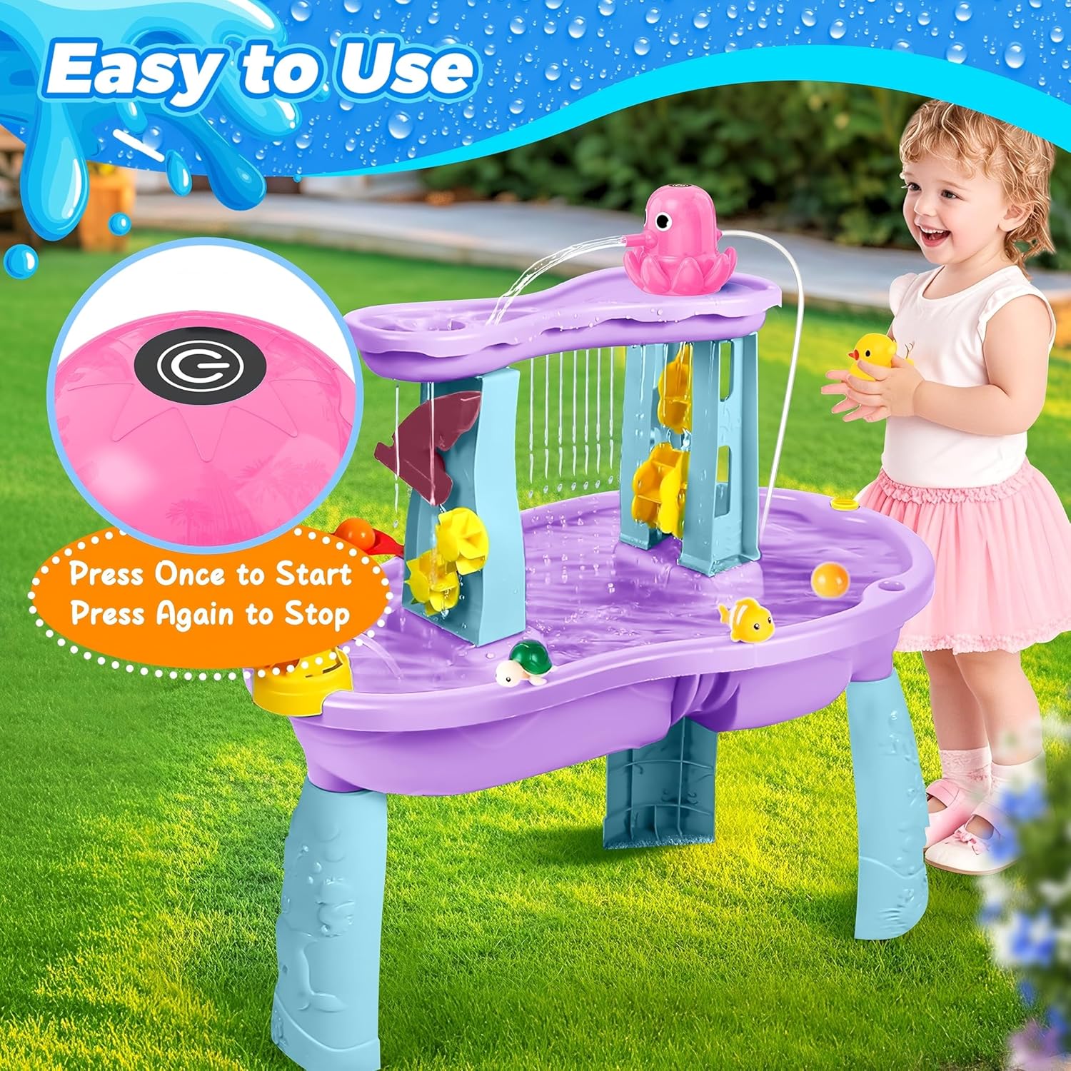 Water Table Pump, Battery Powered Continuous Water Pump for Water Table, Cordless Octopus Rechargeable Magnetic Pump, No Drill Installation, Outdoor Water Play Accessory for Kids (Pink)