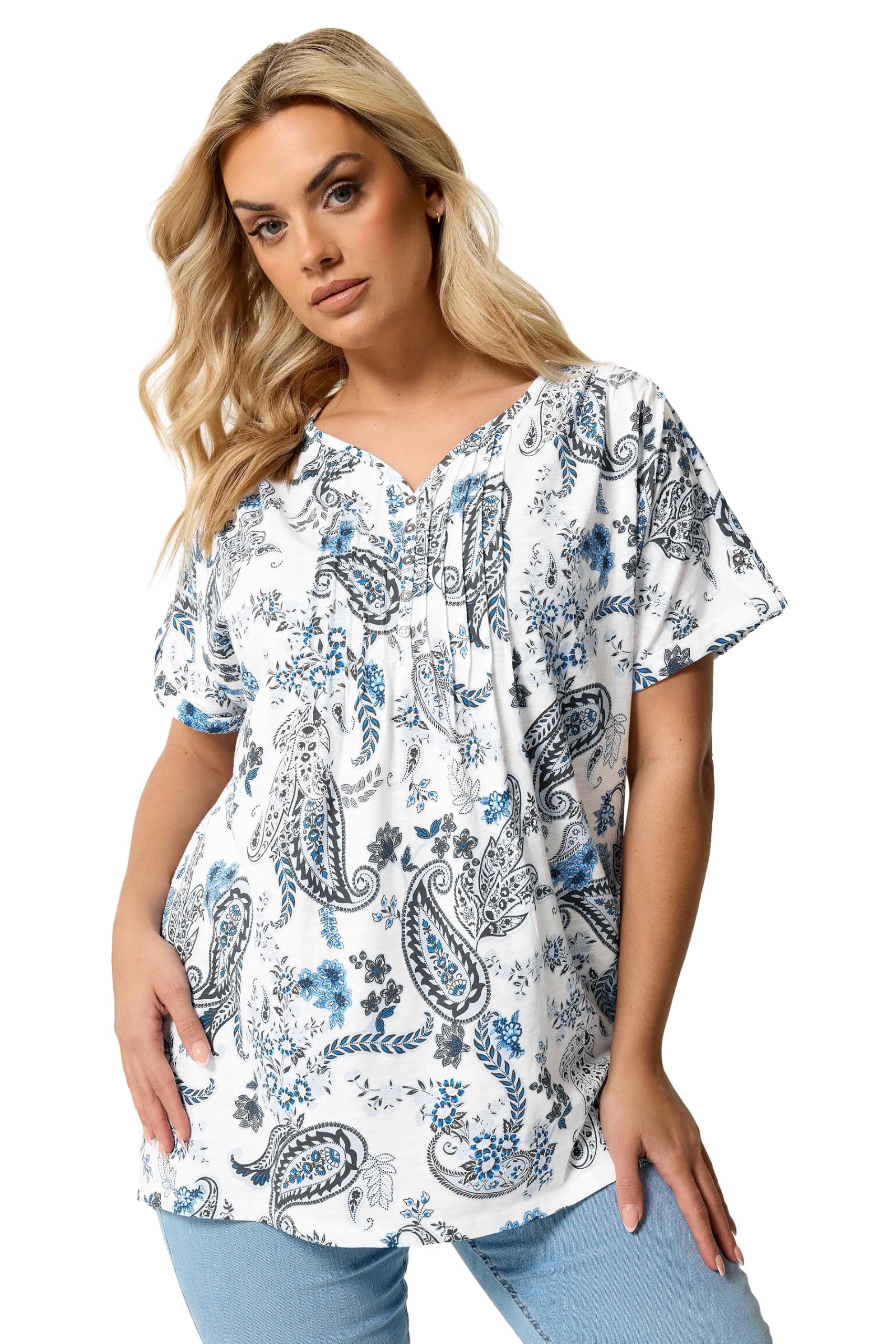 Yours Women's White Paisley Pintuck Short Sleeve Top In | : 22/24