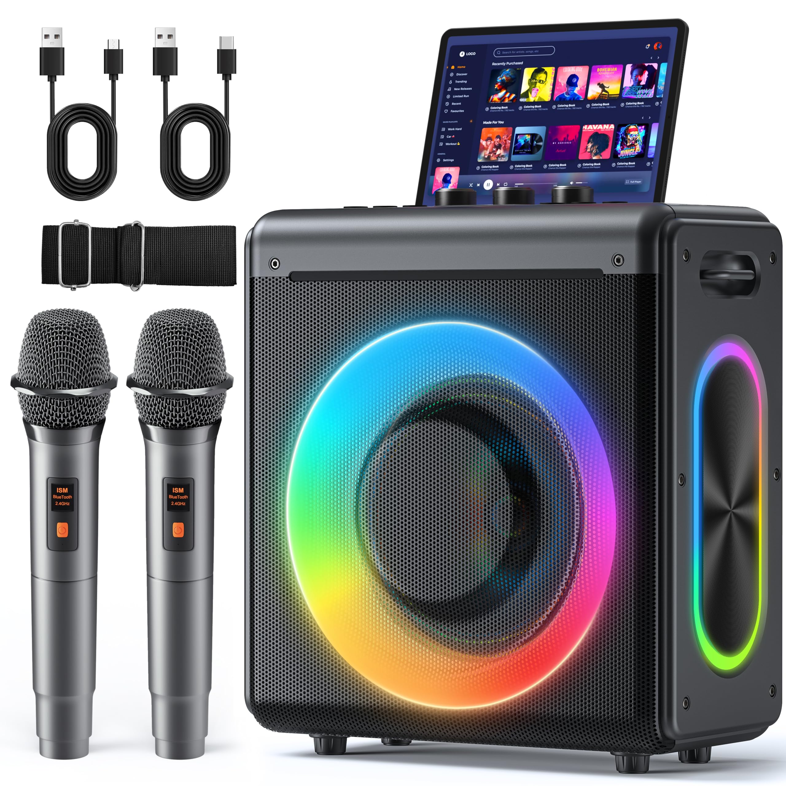 Photo 1 of Karaoke Machine with 2 Wireless Rechargeable Microphones: Portable Bluetooth Speaker for Adults & Kids - PA System with Lights Supports TWS/TF Card/USB/AUX for Home Party