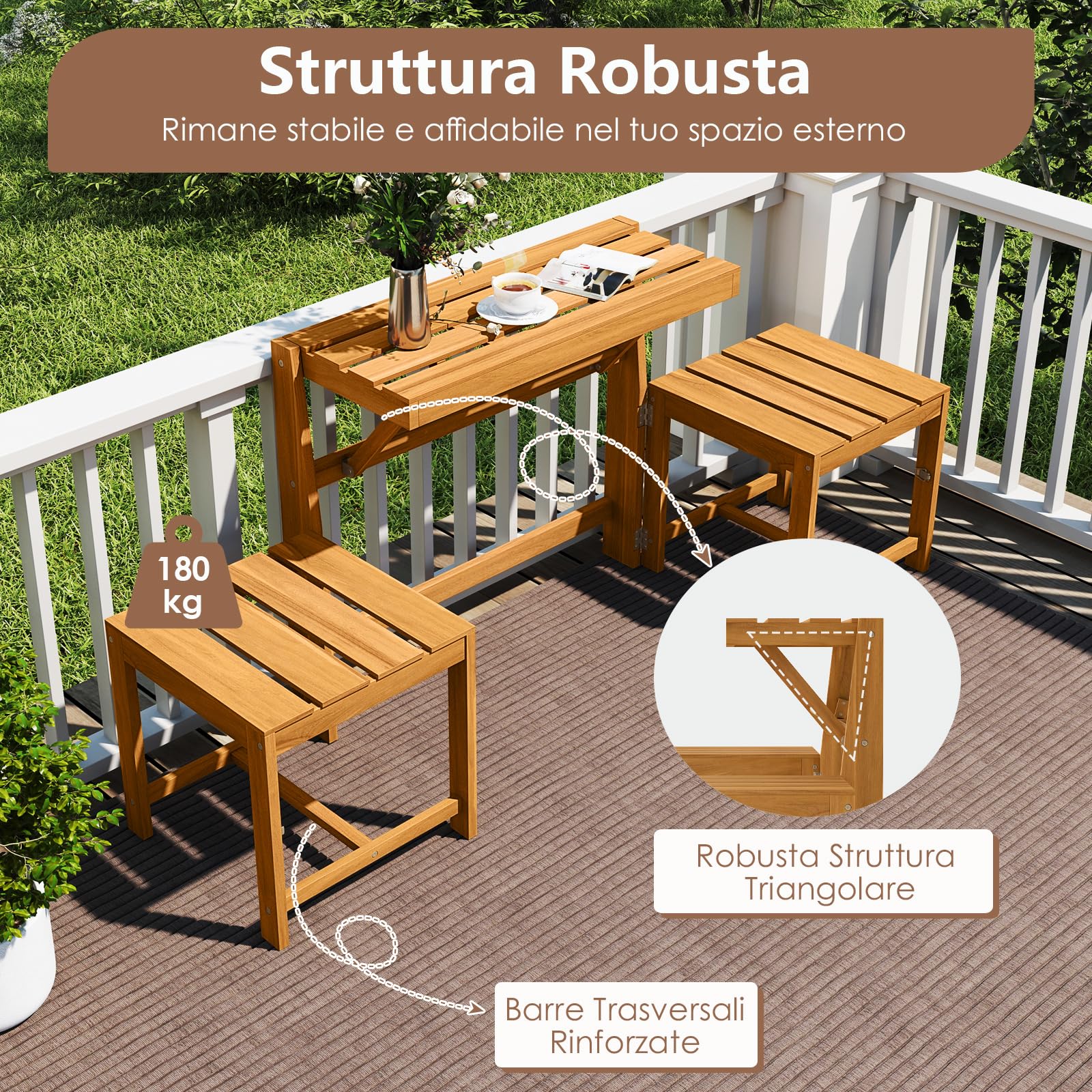 COSTWAY Panca Esterno Trasformabile 3 in 1, Panchina Giardino in Legno di Acacia con Schienale, Set Mobile Esterno con Tavolino e 2 Sedie, Supporto Piante per Terrazzo, Patio e Balcone