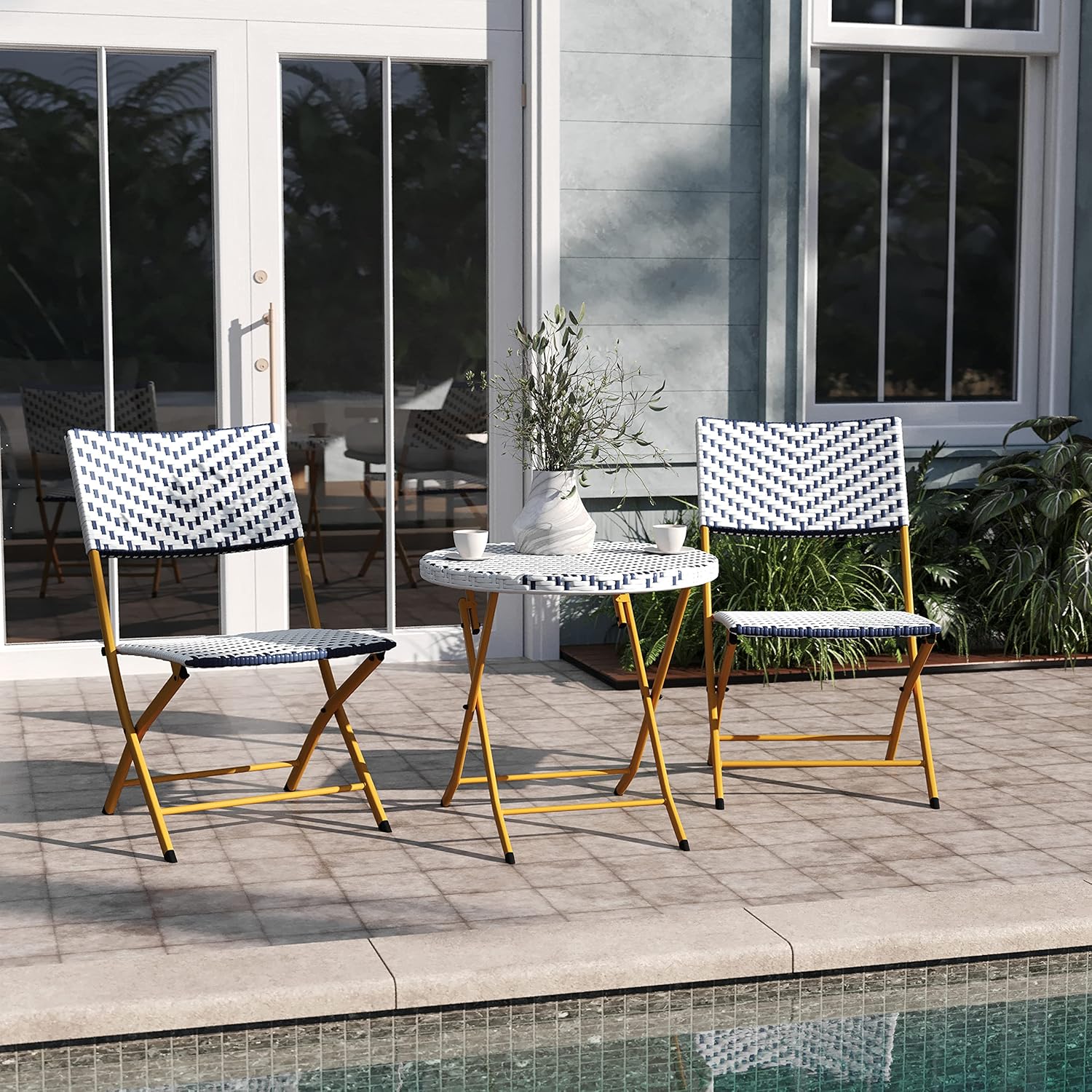 EMMA + OLIVER Ciel Three Piece Folding Bistro Set - Navy and White PE Rattan - Natural Finish Metal Frames - Indoor/Outdoor Use