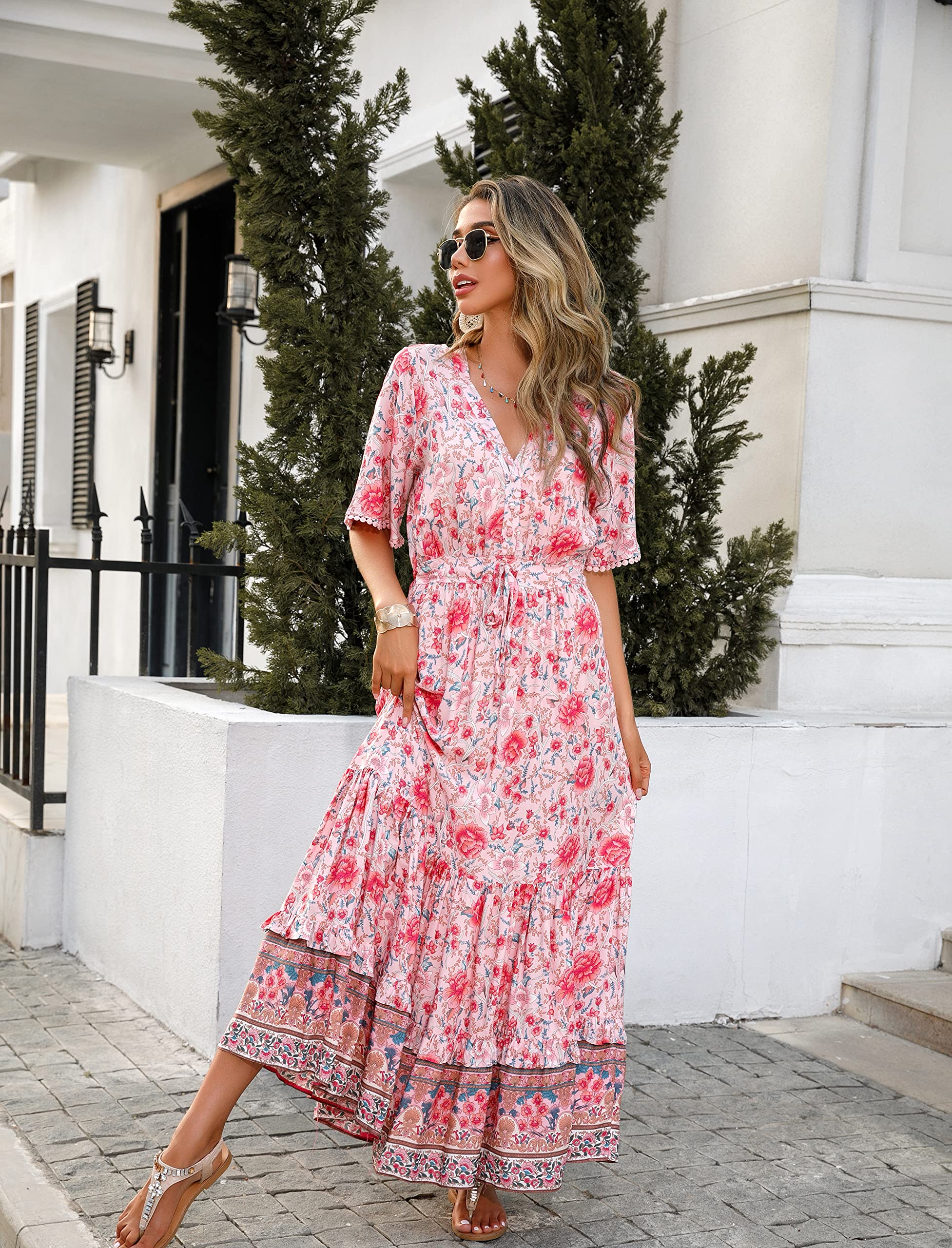 R.Vivimos Femmes D'été Cou en V Bouton à Manches Courtes Robe Bohème Fleur Longue Robe A Ligne Volants Longue Plage Robe
