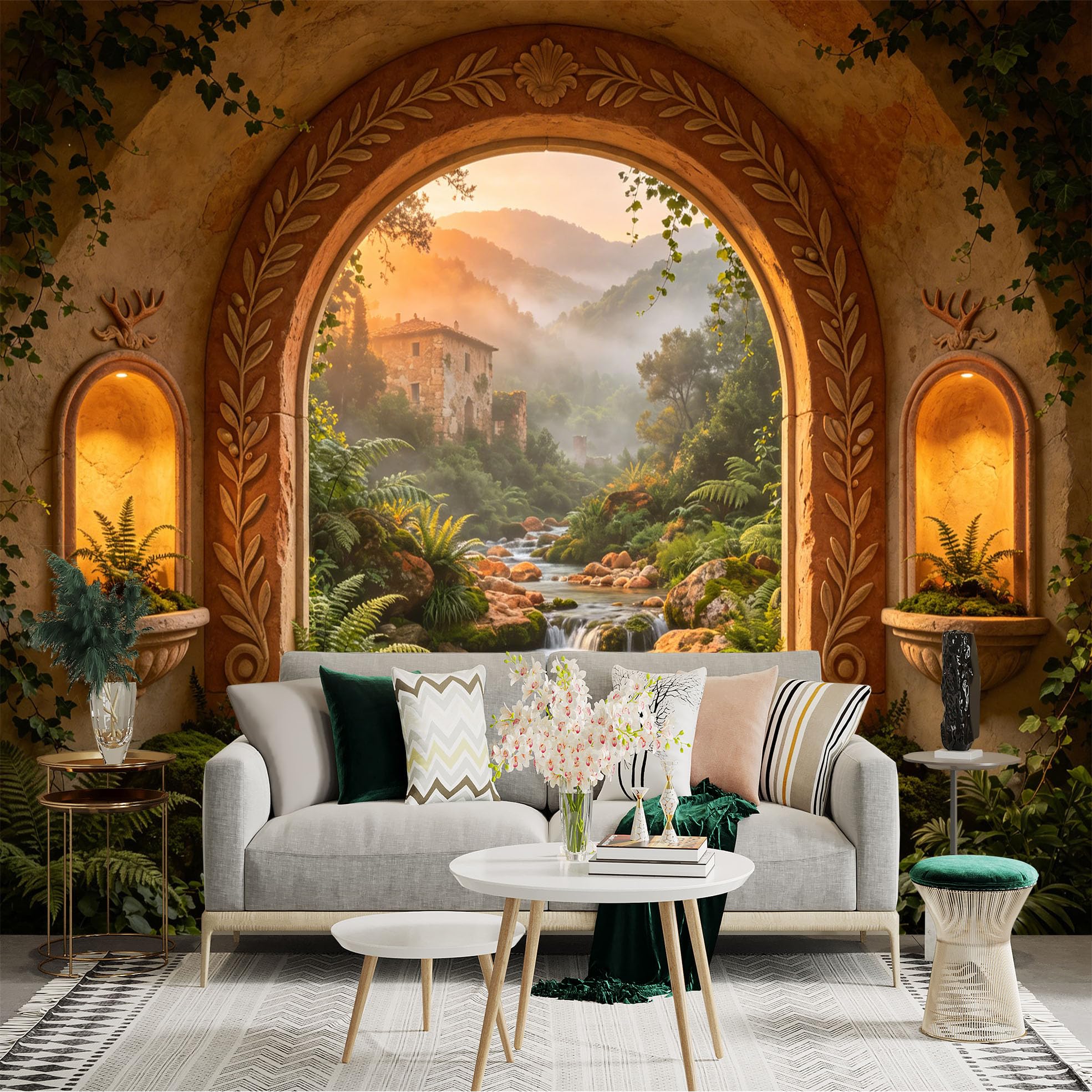 Custom Size Wall Sticker Mural， Mediterranean Garden View with Stone Arch， River and Sunset Landscape， for wall Decoration， peelandstick wall Decals.