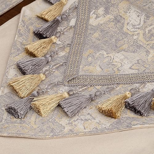 Miniatura 5 de Loom and Mill Camino de mesa de lujo de 90 pulgadas de largo, elegante camino de mesa de damasco jacquard con borlas múltiples hechas a mano para