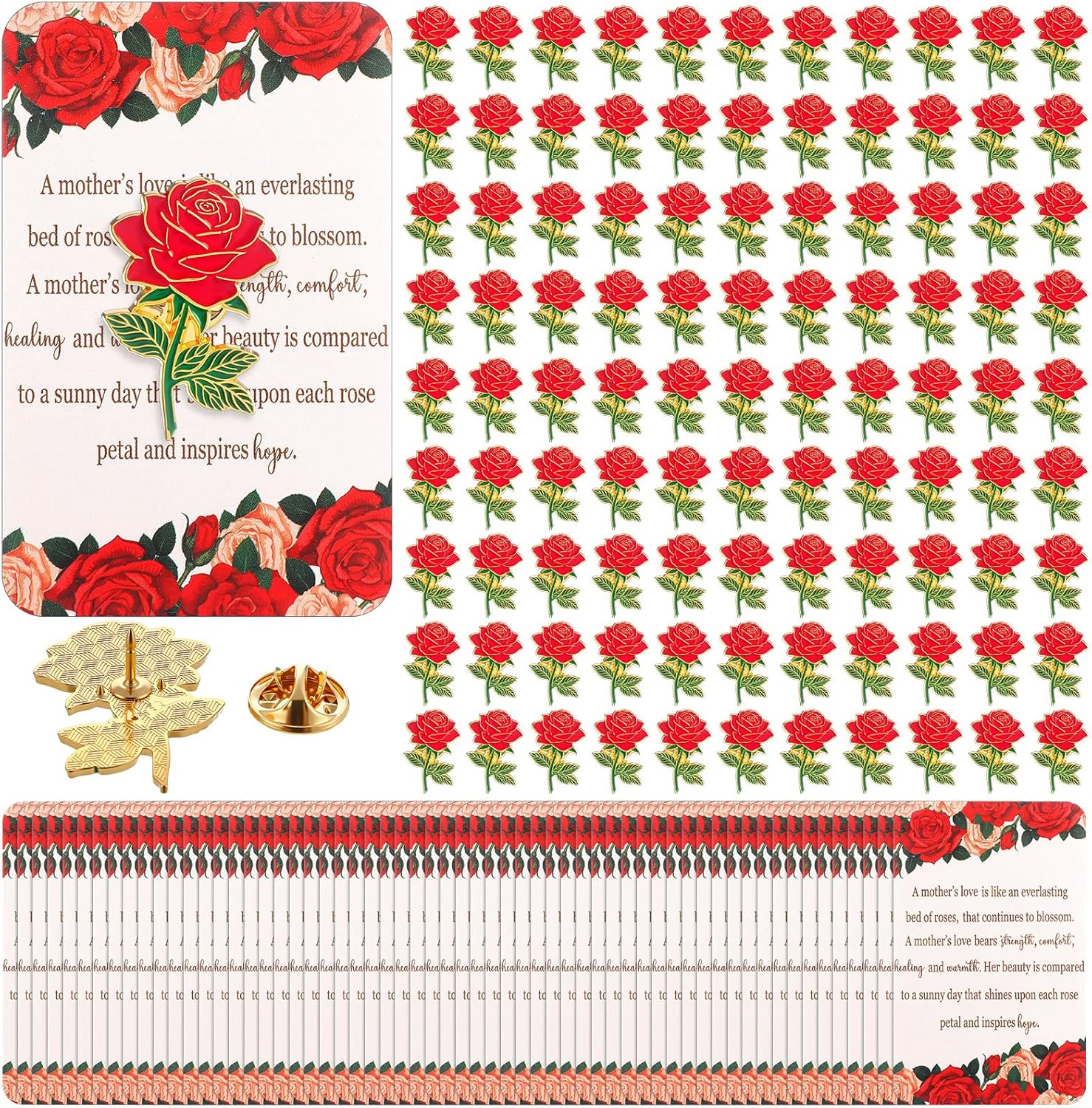 100 Sets Mother's Day Rose Pins on Poem Gift Cards, 1.4 Inch Red Rose Pins with Cards Metal Flower Souvenir Enamel Lapel Brooches for Mother's Day Women Church Birthday Party Favors