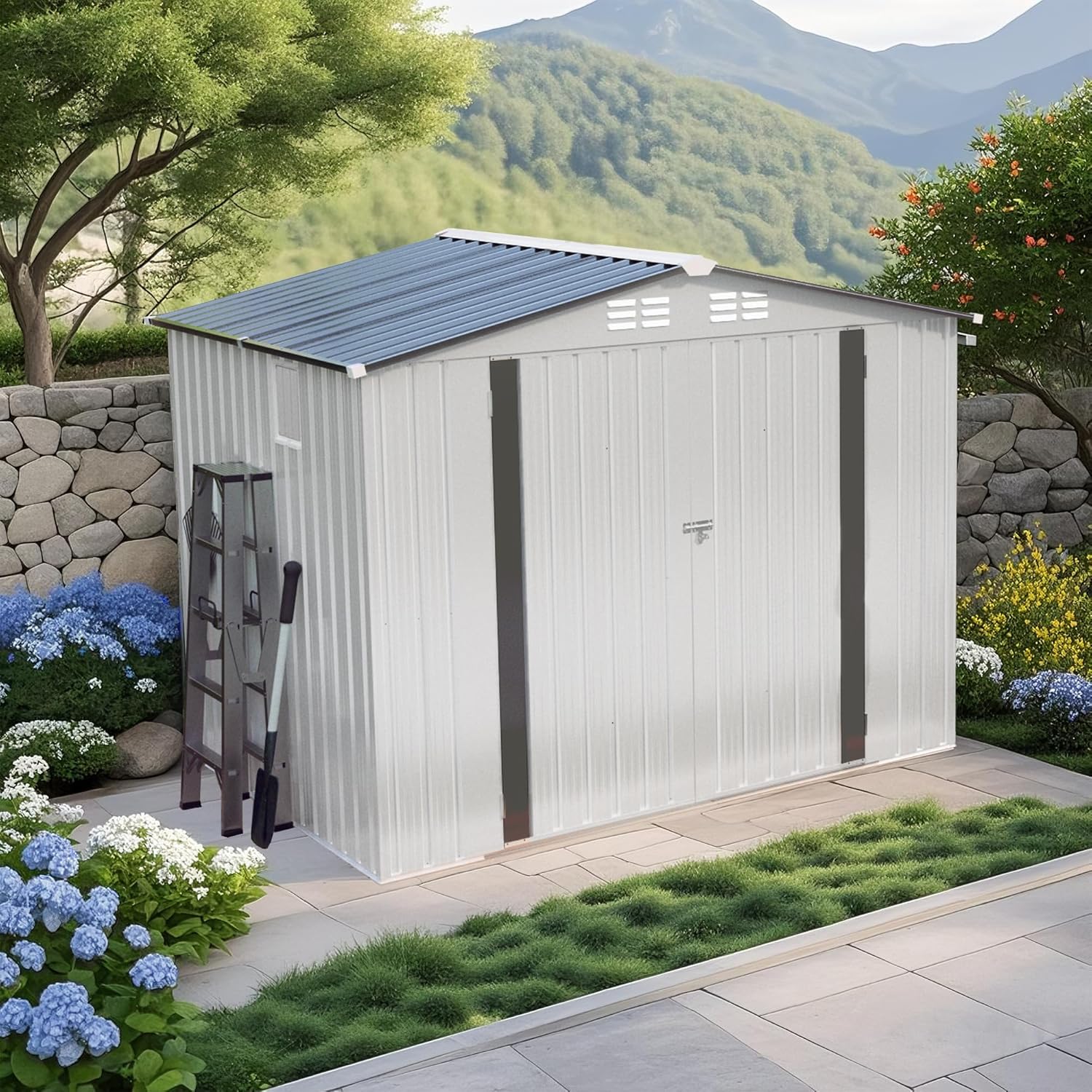 LINKHOO 8x6 FT Outdoor Metal Storage Shed exterior view in a garden